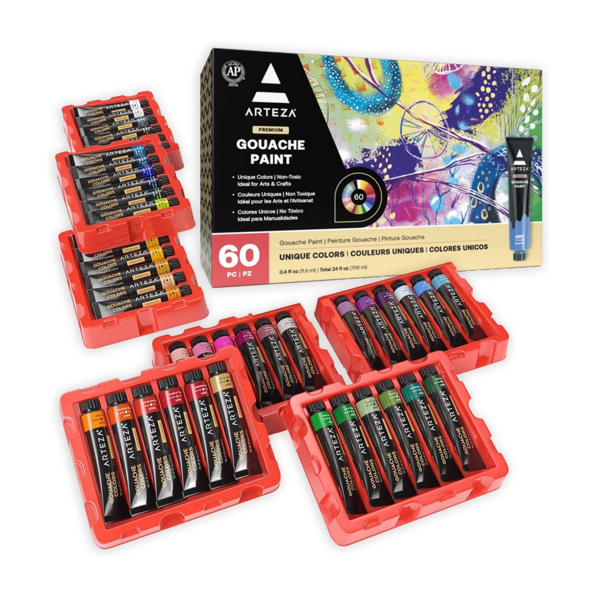 60-Color Matte Gouache Paint Set, 12 mL Tubes