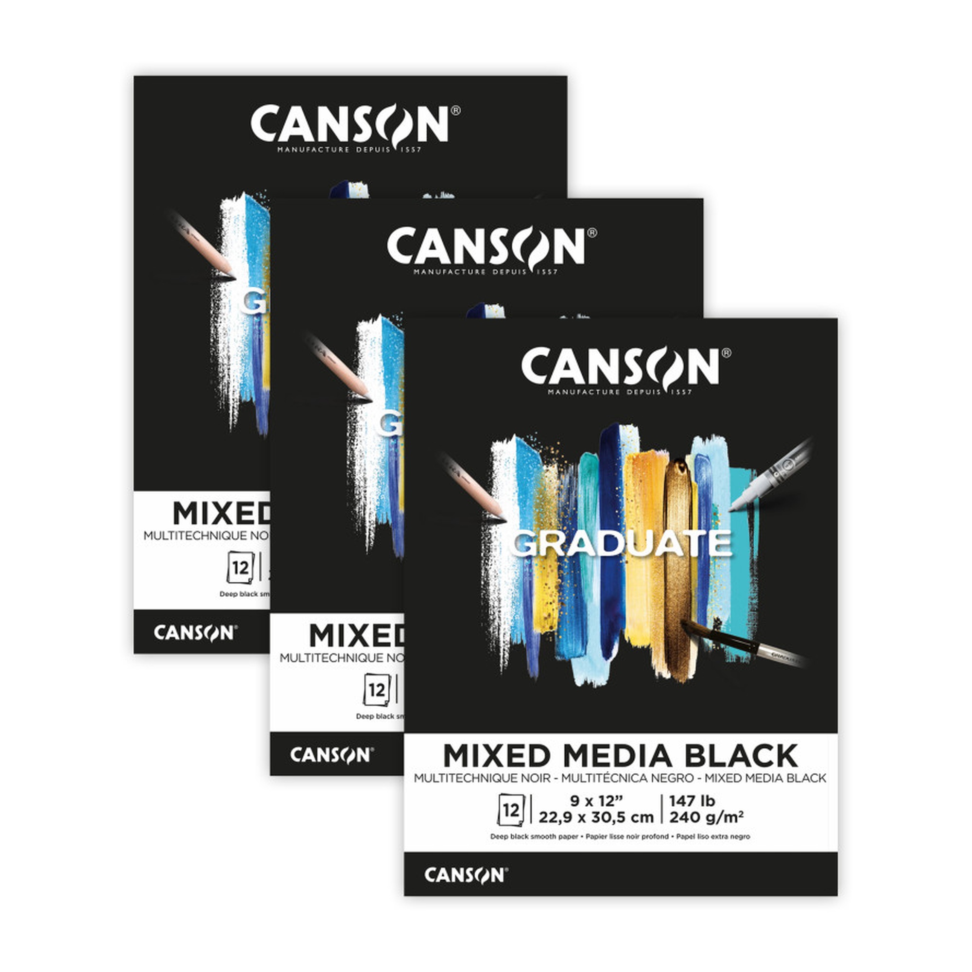 Black Foldover Mixed Media Pads, 9 x 12 in., 12 Sheets, Pack of 3