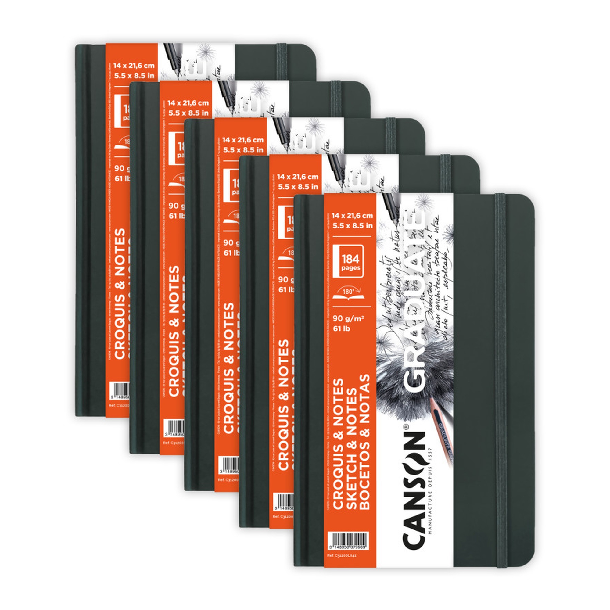 Graduate Sketch & Notes Art Book, Dark Gray Hard Cover, 5.5 x 8.5 in., 92 Sheets, Pack of 5
