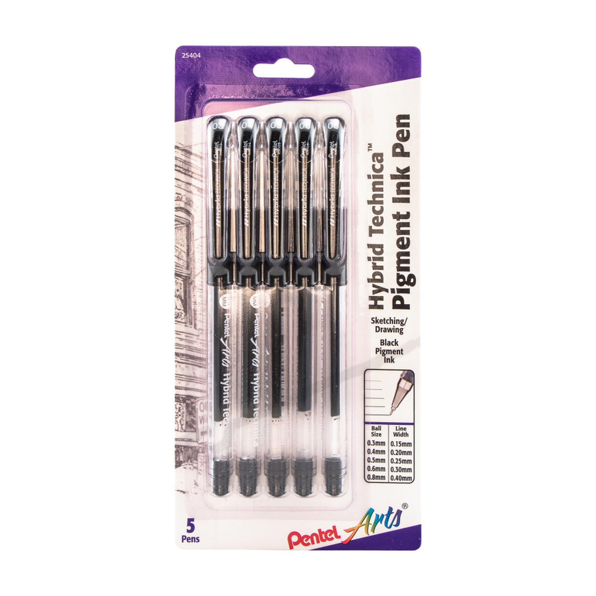 Hybrid Technica Black Gel Pen Set, Assorted Tip Sizes, 5-Pack