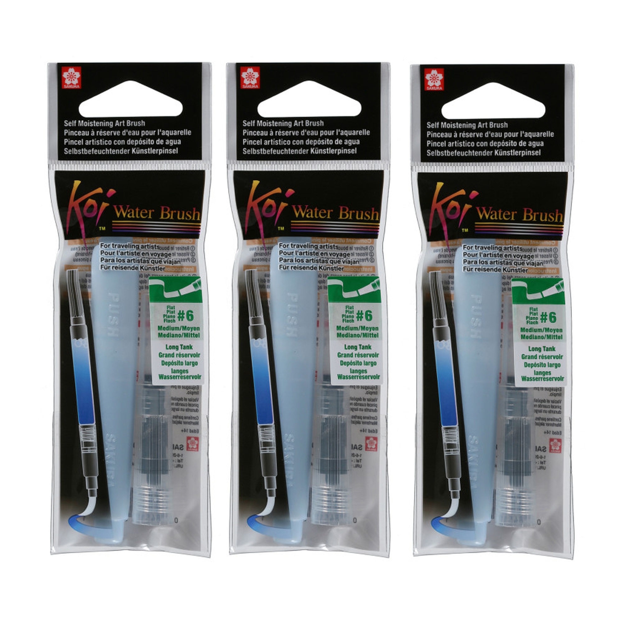 Refillable Watercolor Brush, Medium Flat Tip, 9 mL, Pack of 3