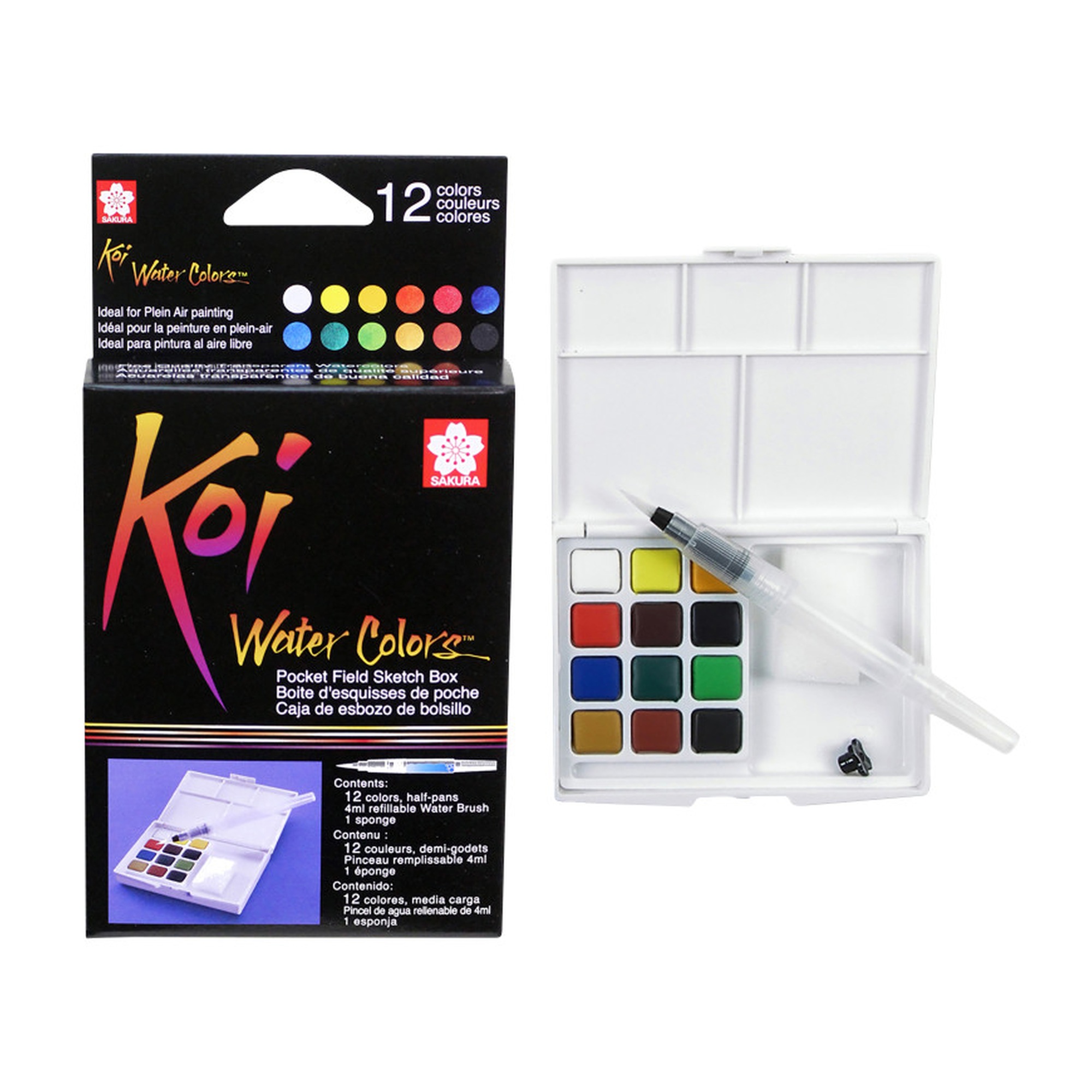 12-Color Watercolor Field Sketch Box with Water Brush