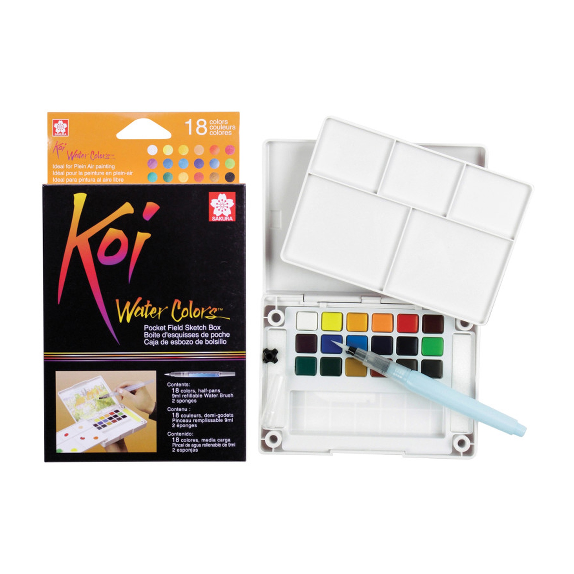 18-Color Watercolor Field Sketch Box with Water Brush