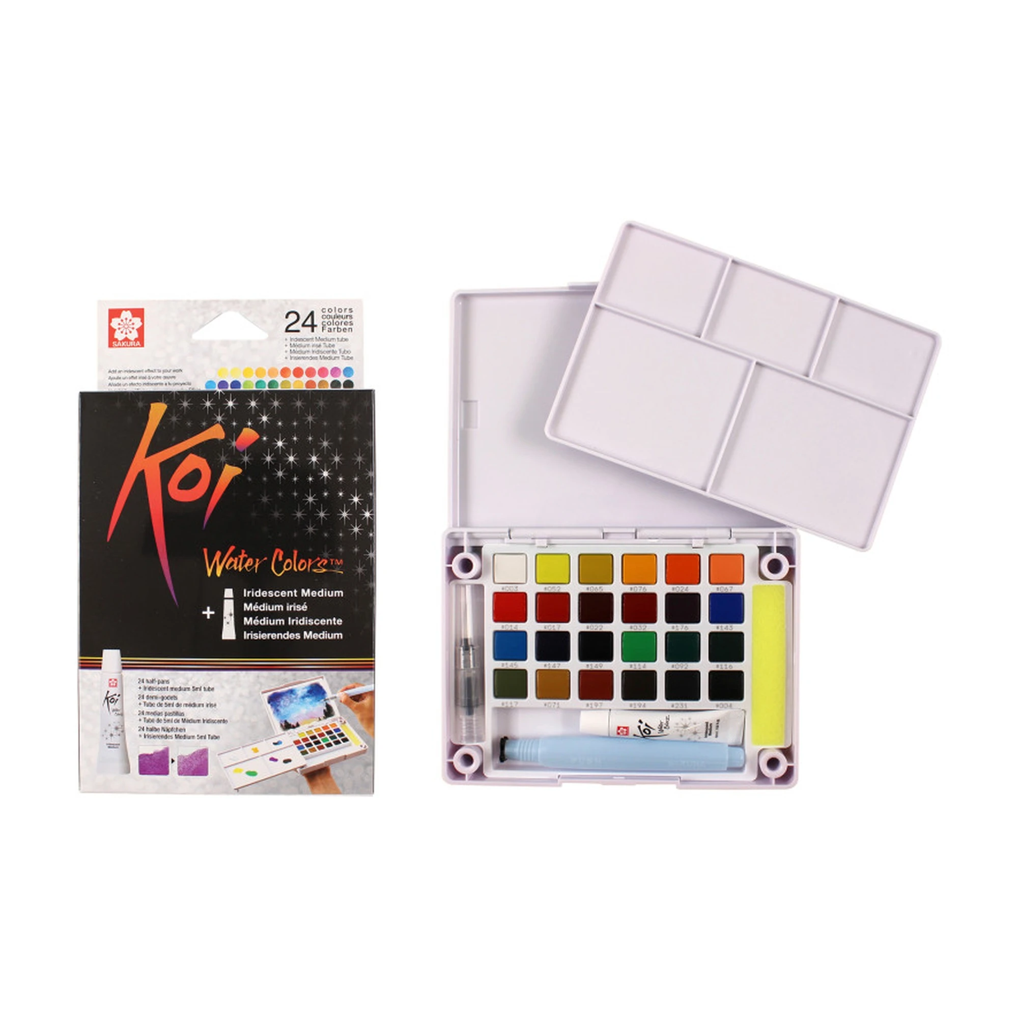24-Color Watercolor Field Sketch Box with Water Brush and Iridescent Medium