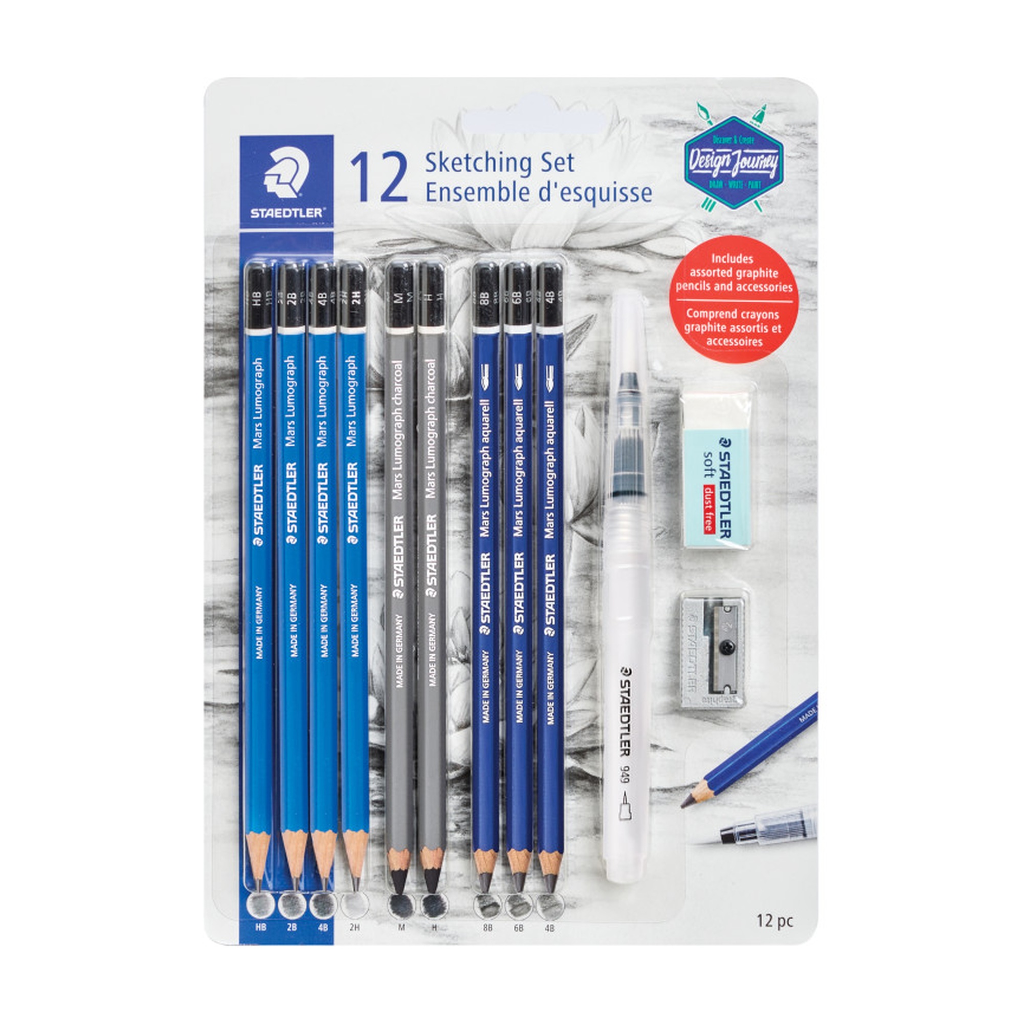 12-Piece Graphite, Charcoal and Watercolor Pencil Sketch Set