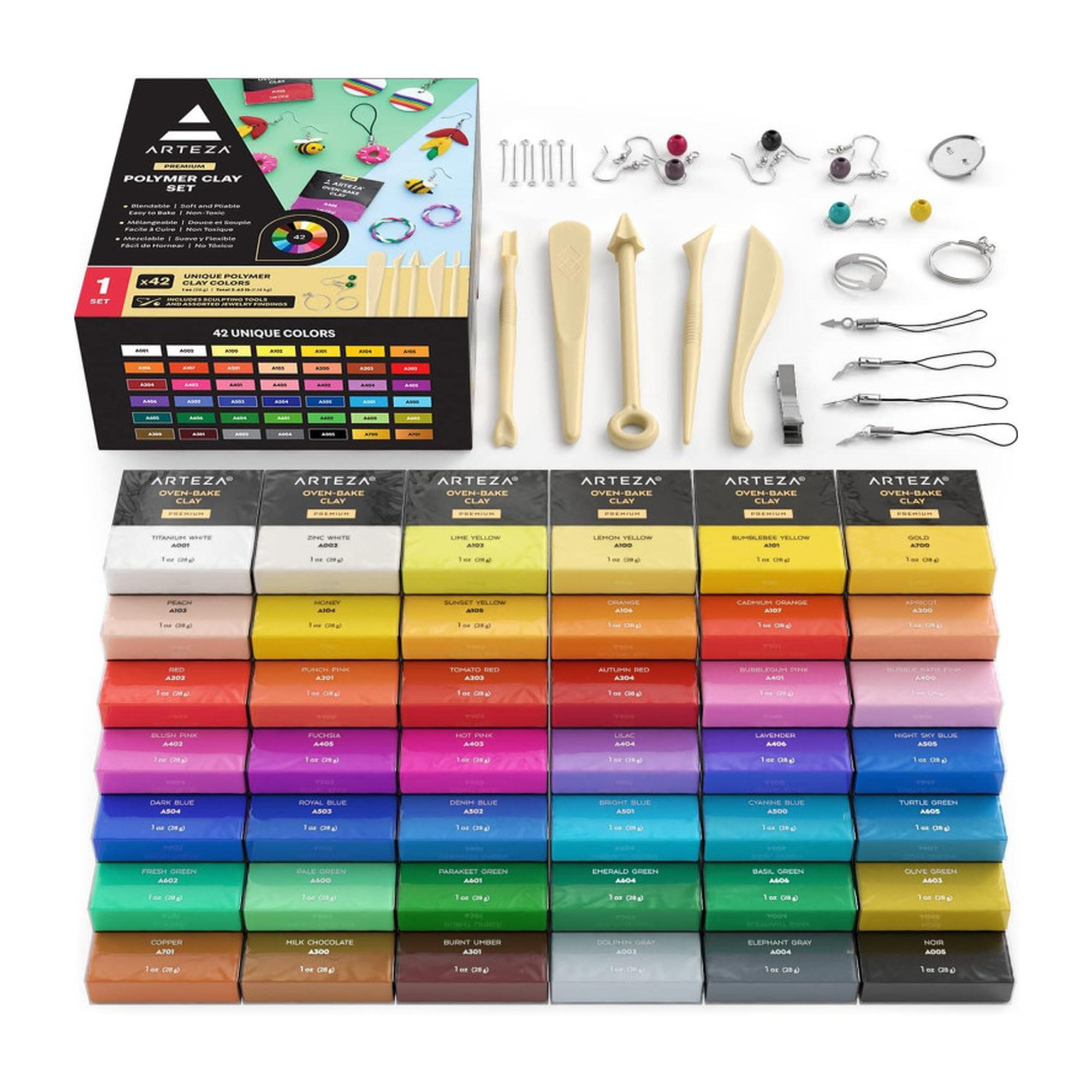 Oven-Bake Polymer Clay Kit, 42 Colors and 27 Tools