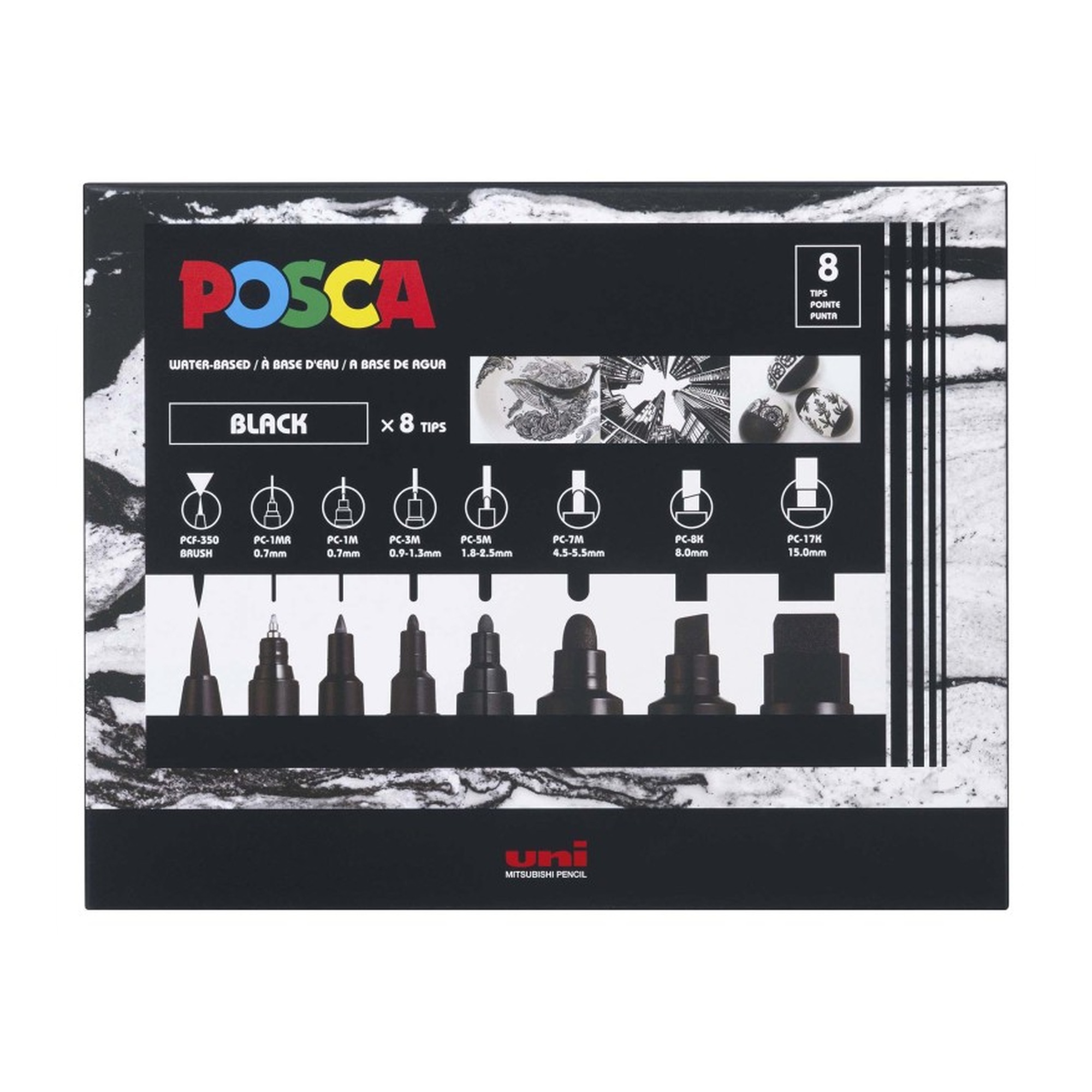 Black Water-Based Paint Marker Set, Assorted Tip Sizes, 8 Pack