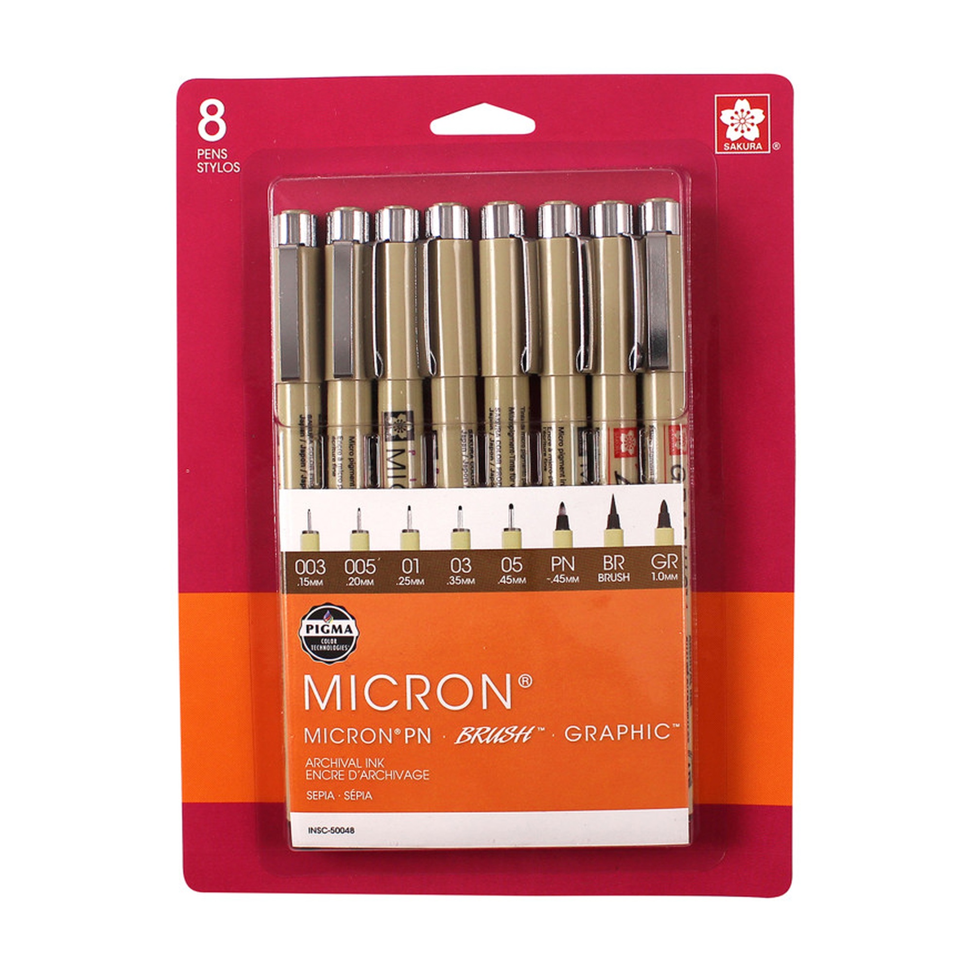 Sepia Pigment Fineliner Pen Set, Assorted Tips, 8 Pack
