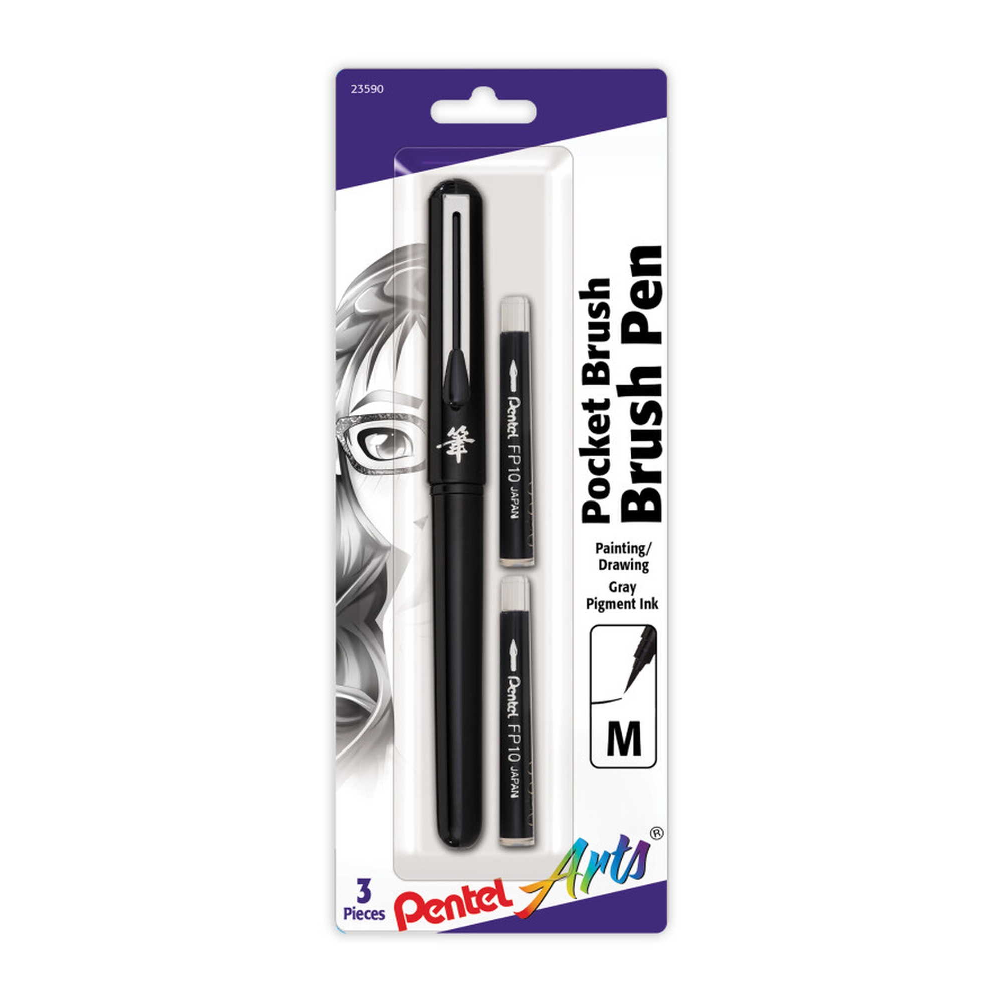 Portable Black Brush Pen with Two Refills