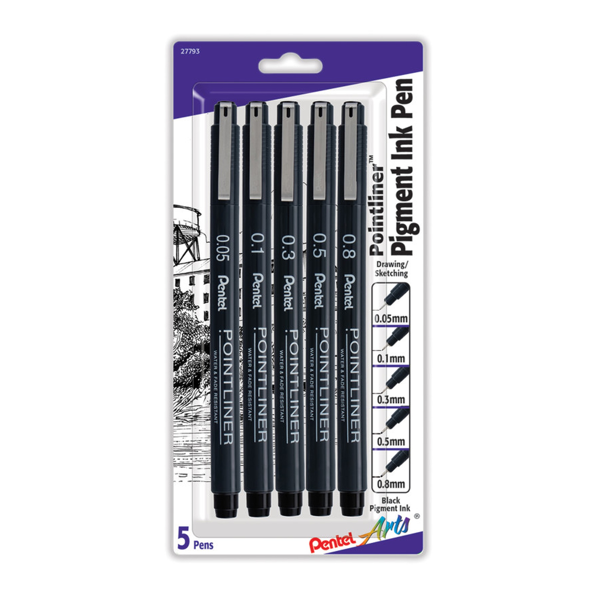 Black Pigment Ink Pointliner Pen Set, Assorted Tips, 5-Pack