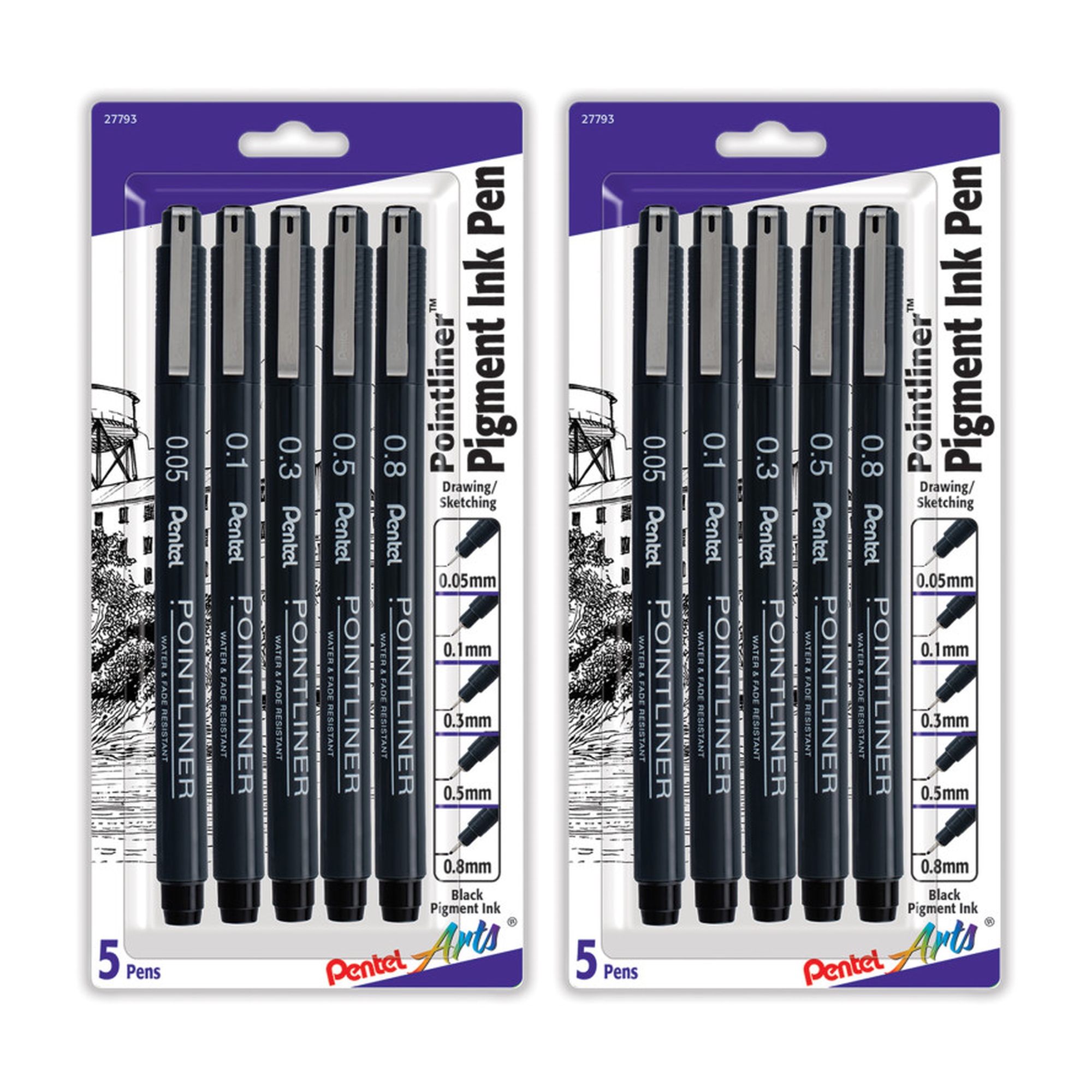 Black Pigment Ink Pointliner Pen Set, Assorted Tip Sizes, 10 Pens