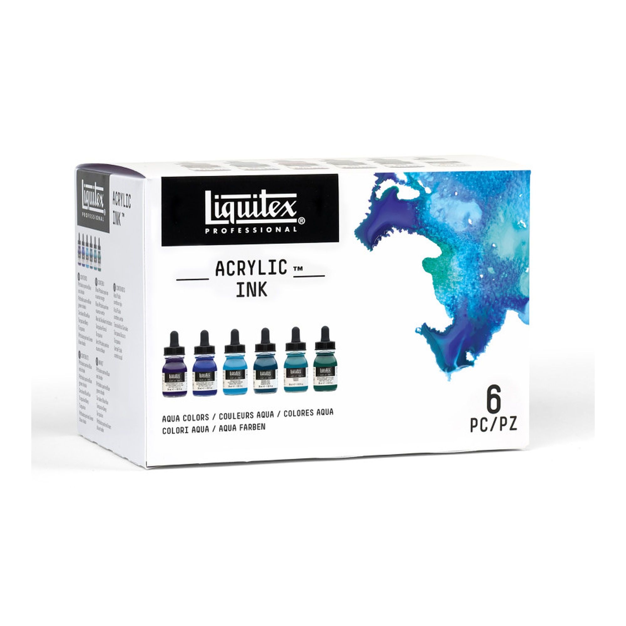Professional Aqua Acrylic Ink Set, 30 mL Bottles, 6 Colors