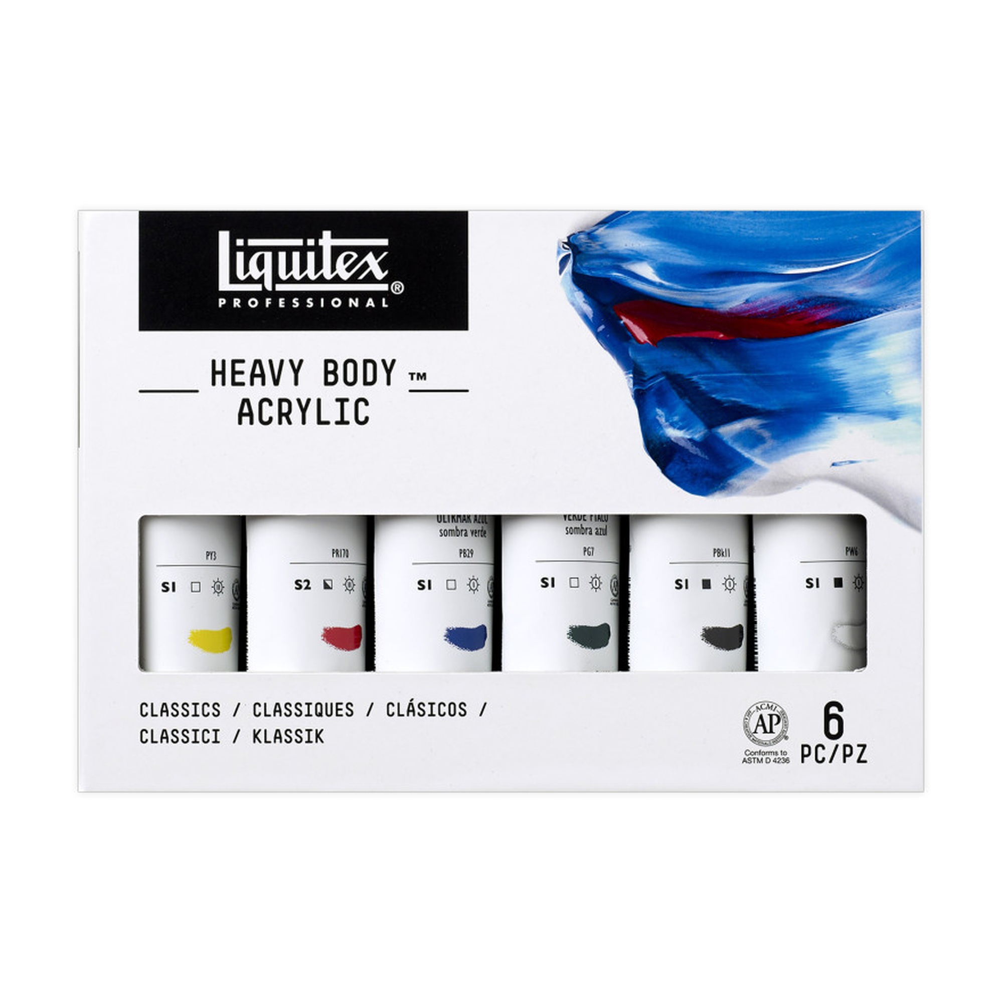 Professional Heavy Body Acrylic Paint Set, Classic Colors, 6 x 59 mL