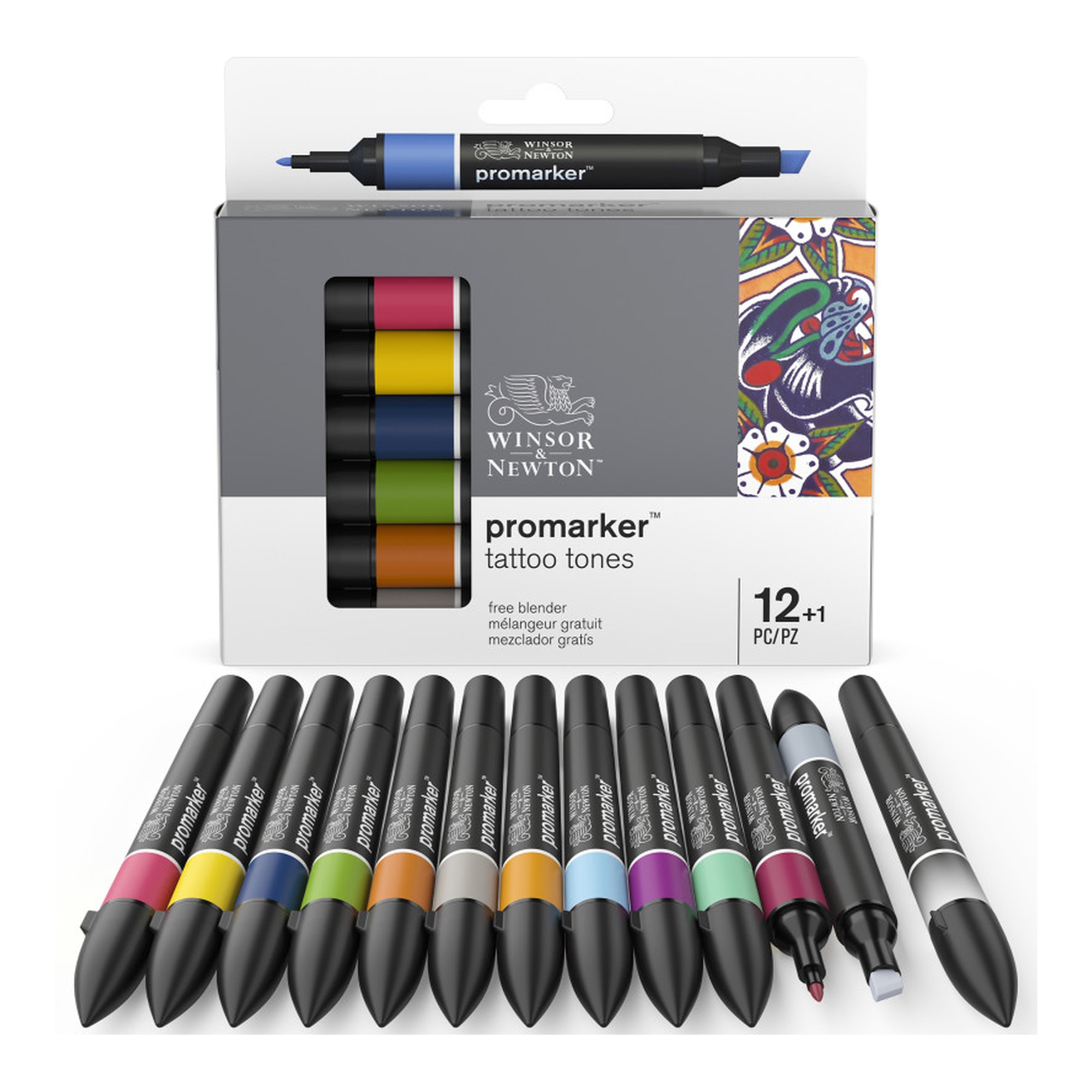 Tattoo Tones Dual-Tip Marker Set, 12 Markers + Blender
