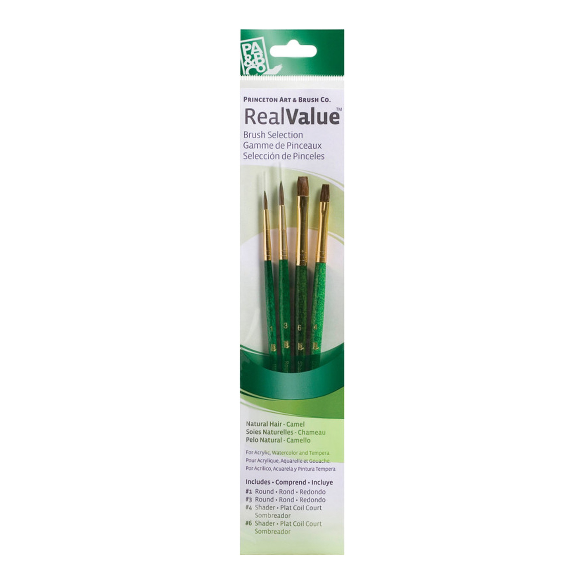 Camel Bristle Short-Handle Mixed Media Paintbrush Set, Green, 4 Pieces