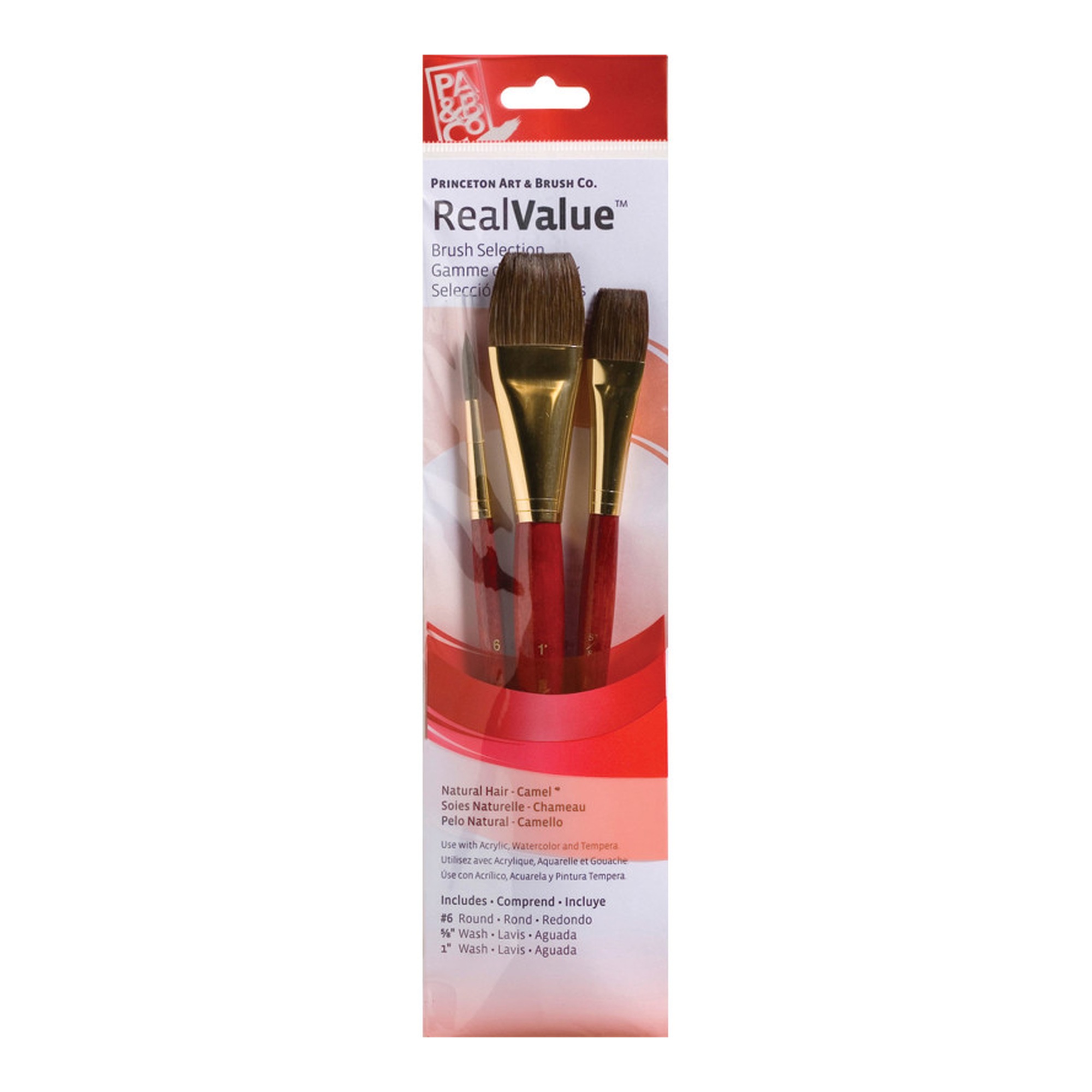 Red Short-Handle Camel Bristle Mixed Media Paintbrush Set, 3 Pieces