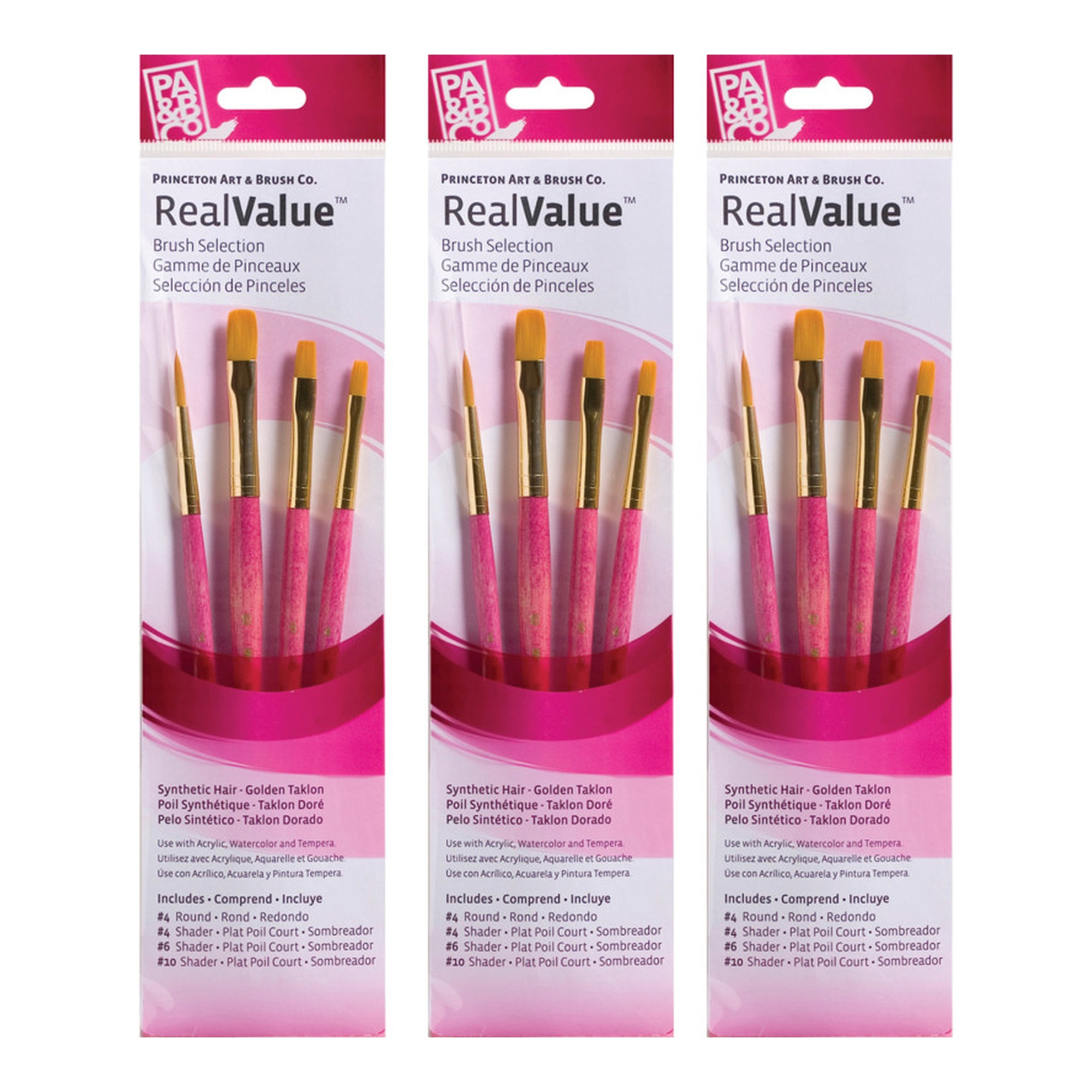 RealValue Gold Taklon Short-Handle Mixed Media Paintbrush Set, Pink, 12 Brushes