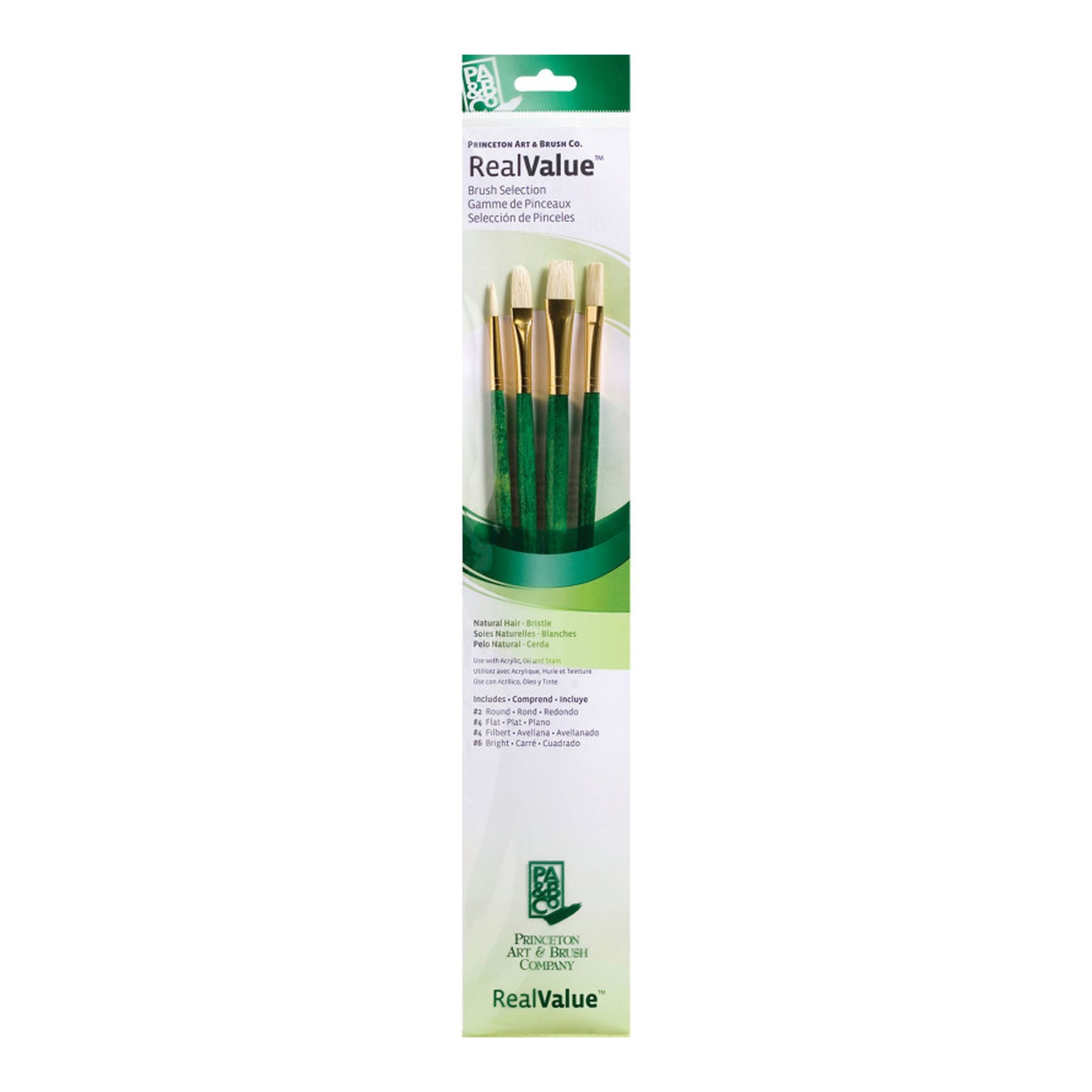 Natural Bristle Long-Handle Mixed Media Paintbrush Set, Green, 4-Pack