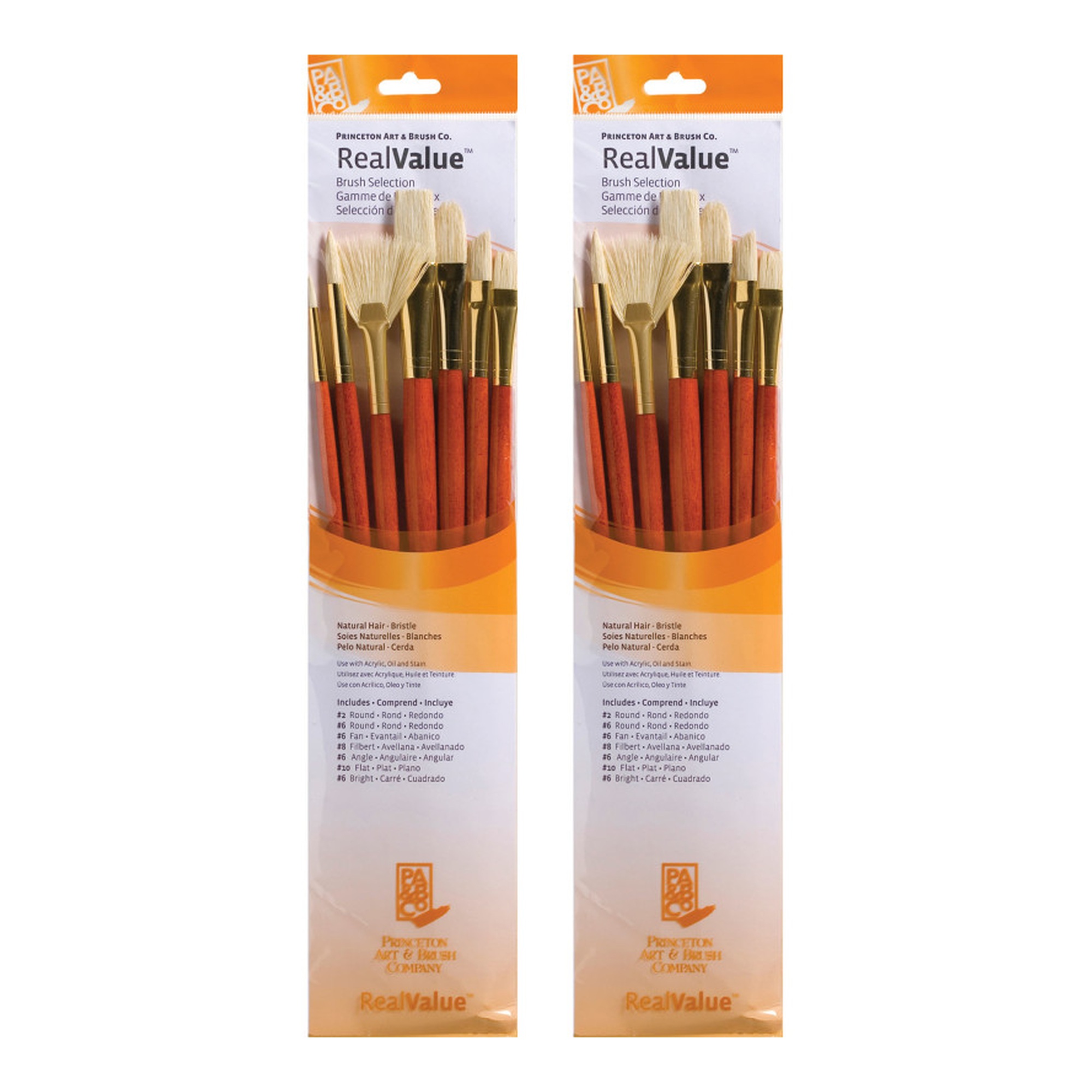 Natural Bristle Long-Handle Mixed Media Paintbrush Set, Orange, 14 Brushes