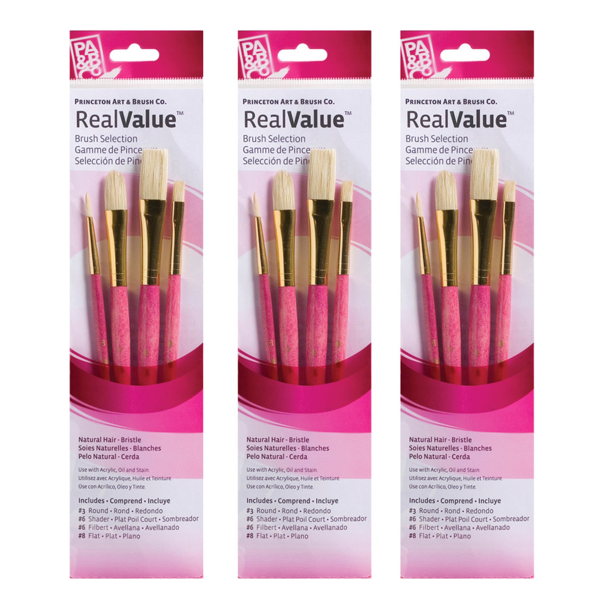 Natural Bristle Short-Handle Mixed Media Paintbrush Set, Pink, 12 Brushes