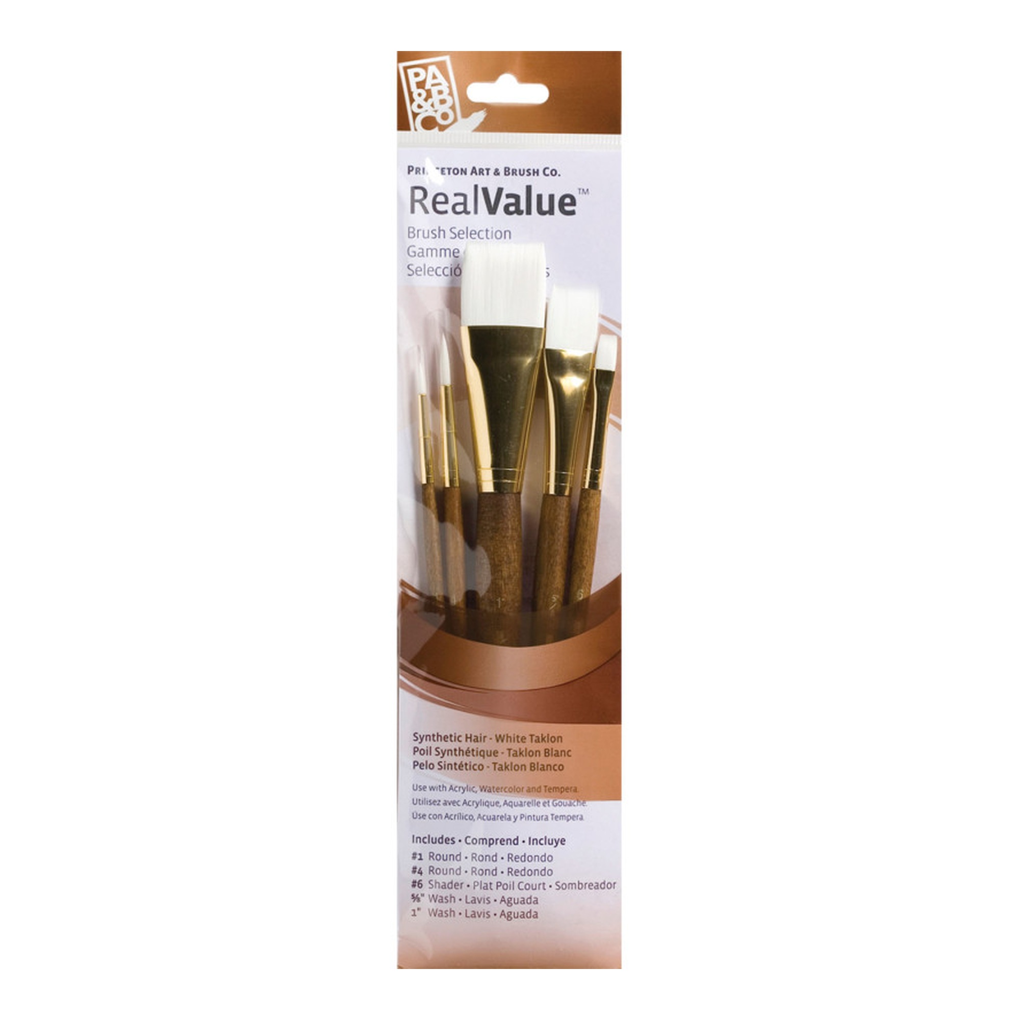 RealValue White Taklon Short-Handle Mixed Media Paintbrush Set, 5 Pieces
