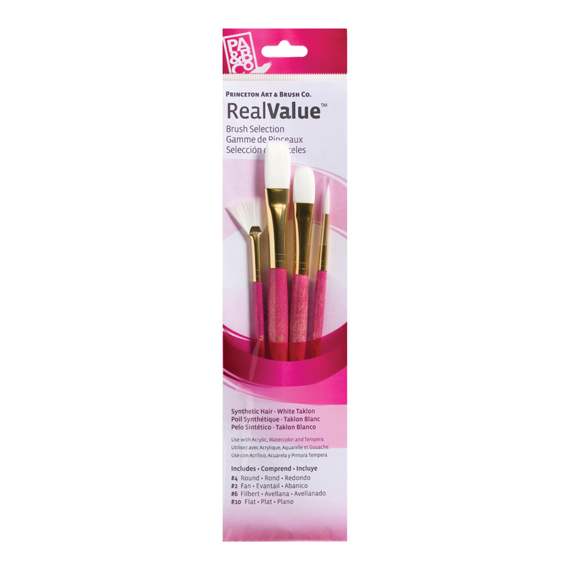 Pink Short-Handle White Taklon Mixed Media Brush Set, 4 Pieces