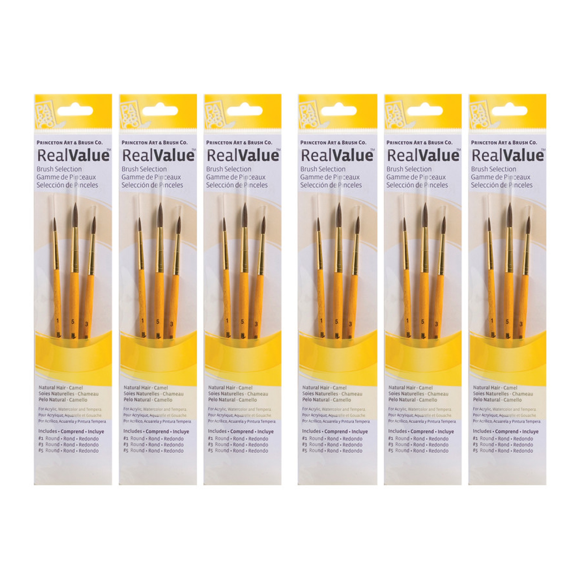 Round Mixed Media Paintbrush Set with Camel Bristles, Short Handle, Yellow, 18 Brushes