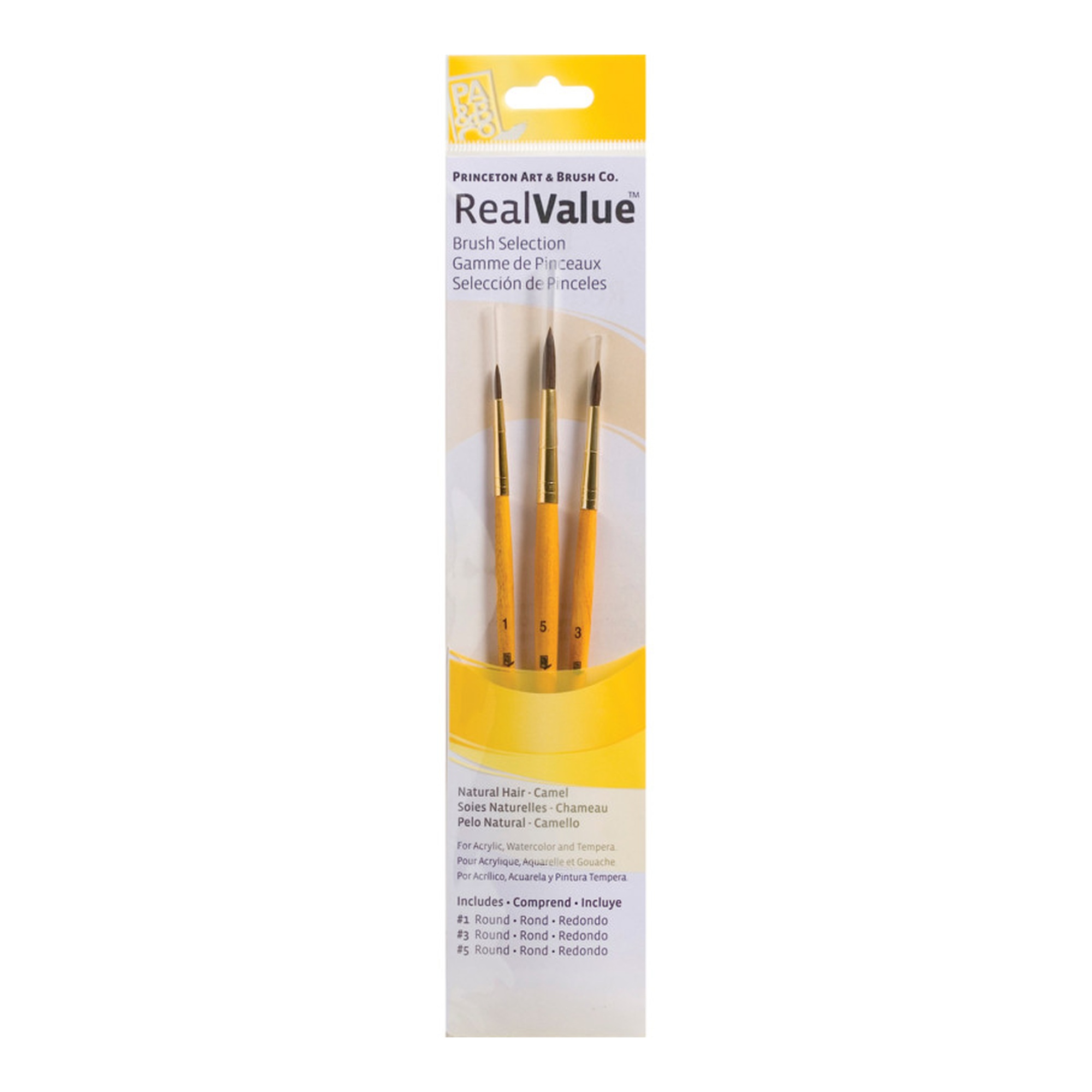 Round Camel Bristle Mixed Media Paintbrush Set, Short Handle, Yellow, 3 Pieces