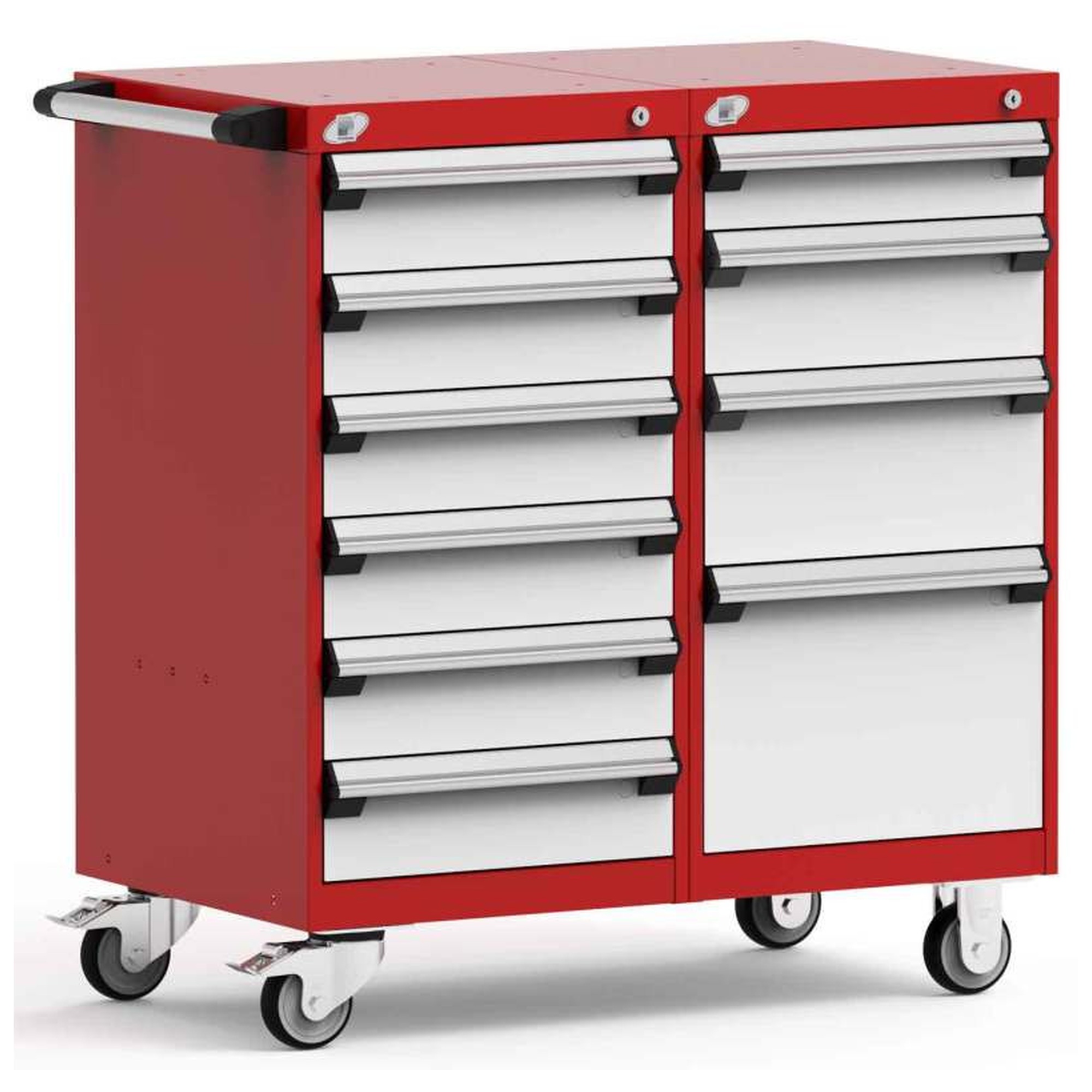 10-Drawer Mobile Cabinet, 36"W x 21"D x 39.13"H - With Dividers - Drawer heights: 6 5" H, 1 4" H, 1 6" H, 1 8" H, 1 12" H