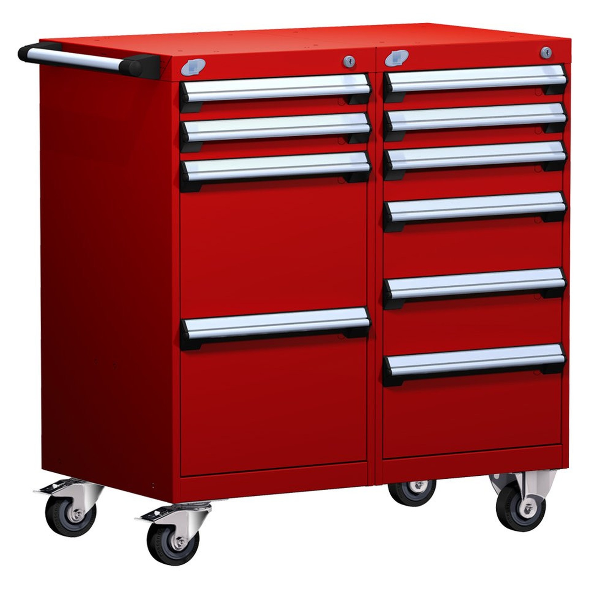 10-Drawer Mobile Cabinet, 36"W x 27"D x 39.13"H - Without Dividers - Drawer heights: 2 3" H, 2 12" H, 2 3" H, 1 4" H, 2 6" H, 1 8" H