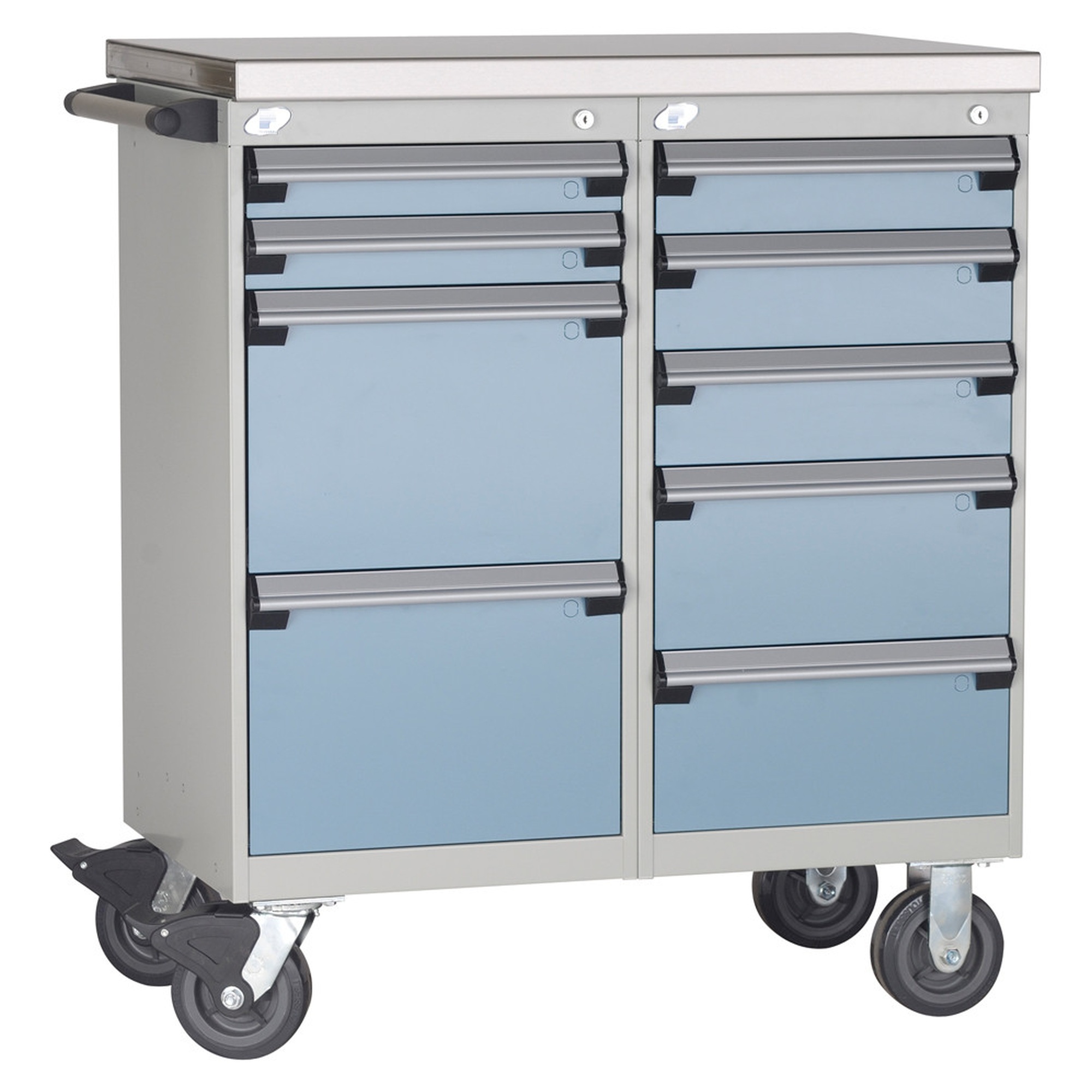 9-Drawer Mobile Cabinet, 36"W x 21"D x 35.75"H - Without Dividers - Drawer heights: 2 3" H, 1 4" H, 2 5" H, 2 8" H, 2 12" H