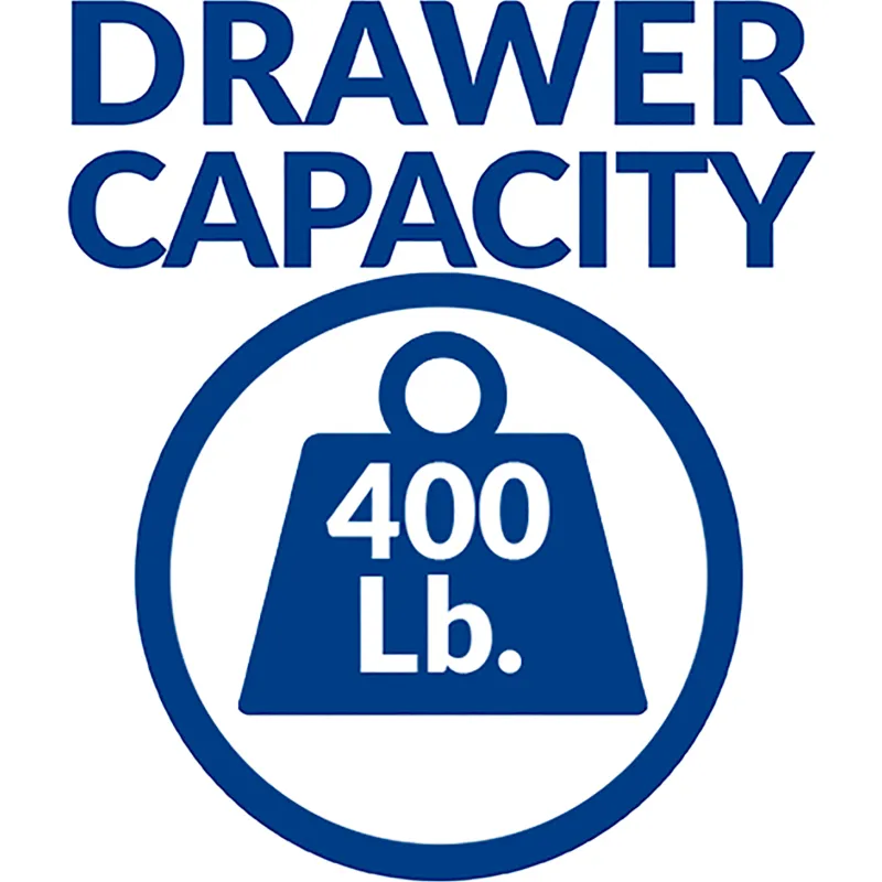 Rousseau R-series drawer feature: 400 lb capacity per drawer. Cabinet and caster total capacity limits still apply.