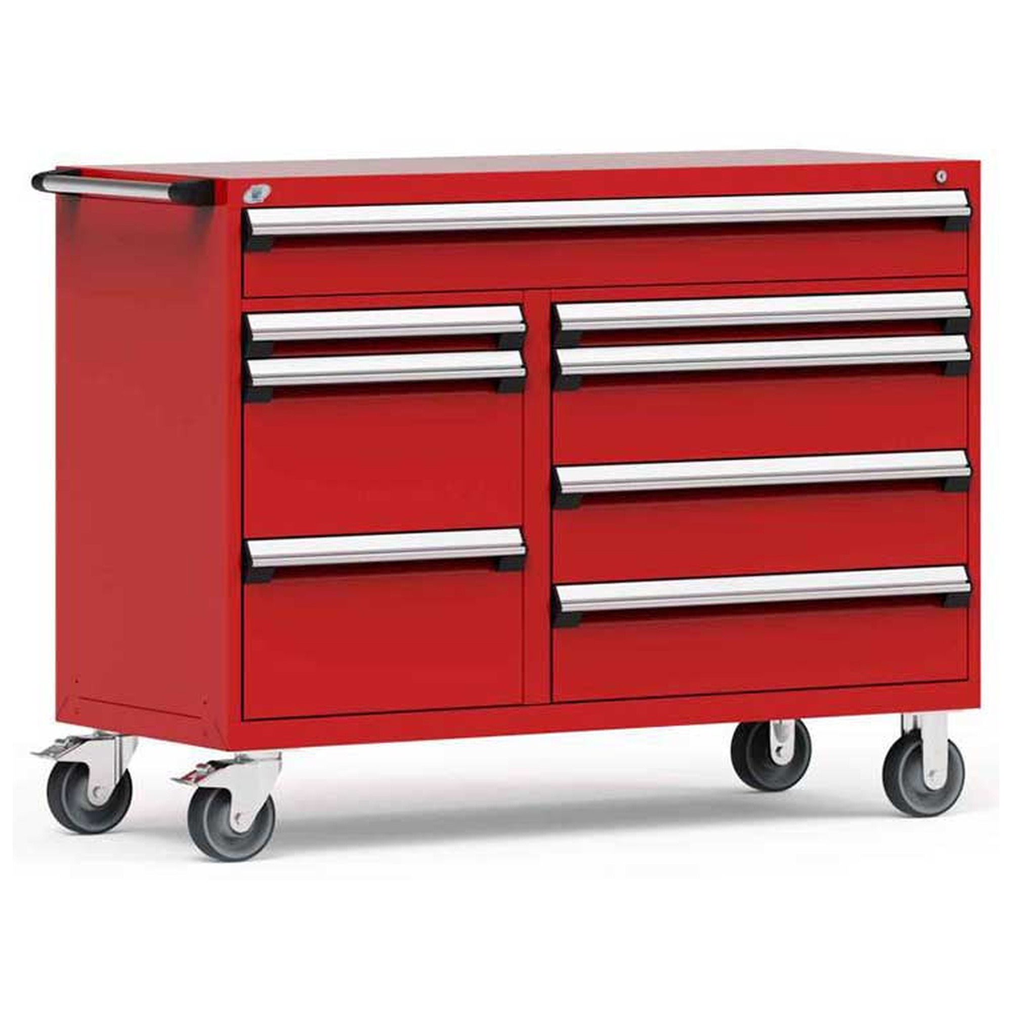8-Drawer Mobile Cabinet, 60"W x 27"D x 45.5"H - With Dividers - Drawer heights: 1 6" (60"W), 1 3", 2 12", 1 3", 3 8"