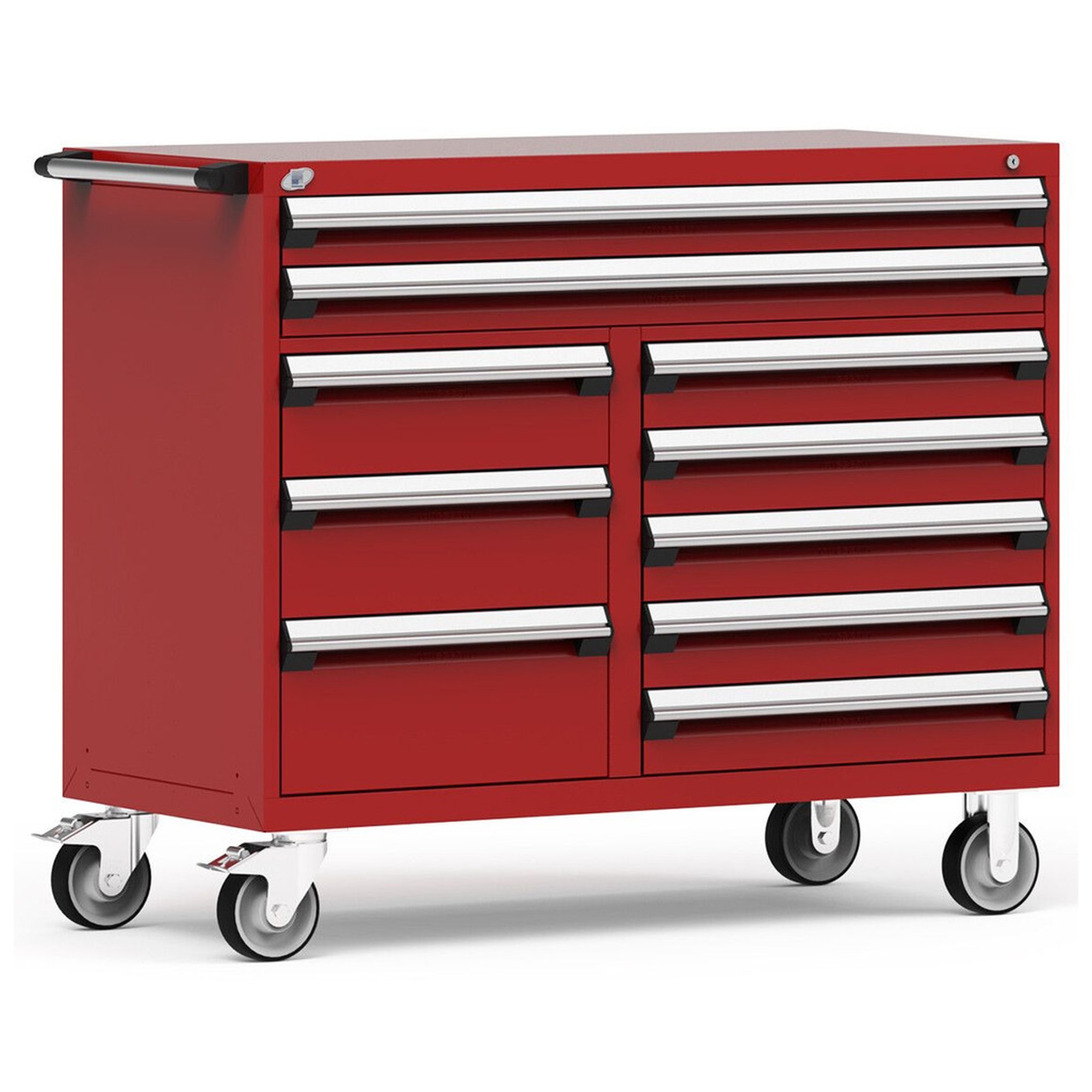 10-Drawer Mobile Cabinet, 54"W x 27"D x 45.5"H - Without Dividers - Drawer heights: 2 4" (54"W), 1 7", 1 8", 1 10", 5 5"