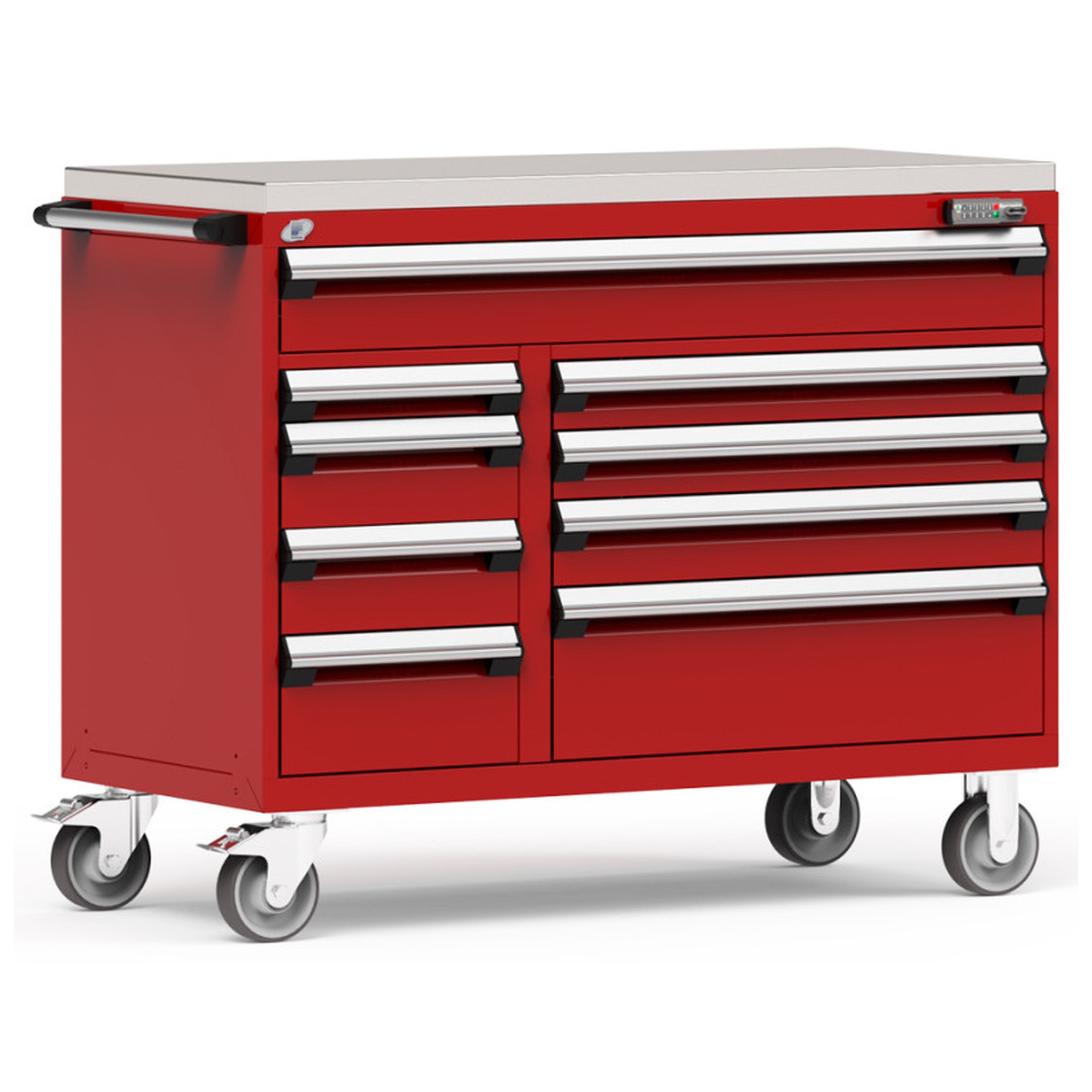 9-Drawer Mobile Cabinet, 54"W x 24"D x 43.25"H - With Dividers - Drawer heights: 1 6" (54"W), 1 3", 2 6", 1 8", 2 4", 1 5", 1 10"