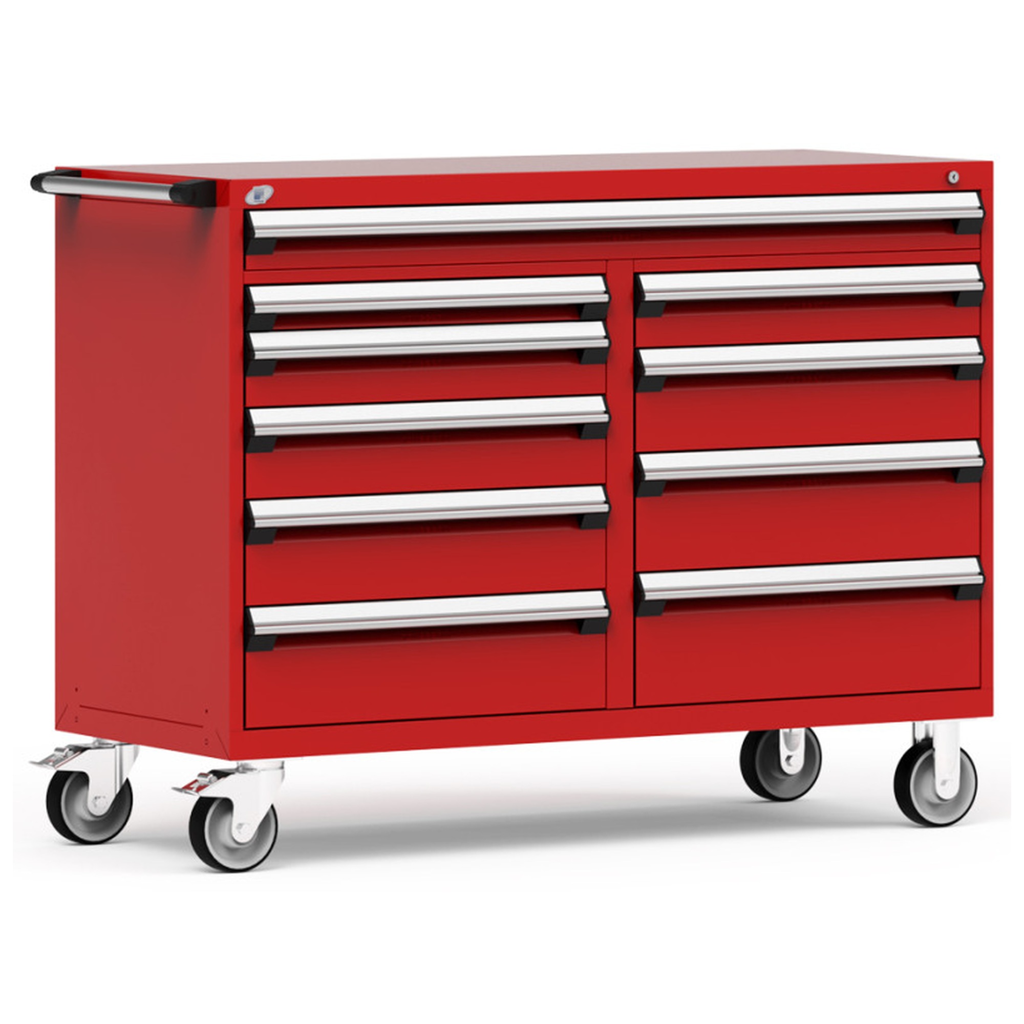 10-Drawer Mobile Cabinet, 60"W x 24"D x 45.5"H - With Dividers - Drawer heights: 1 4" (60"W), 1 3", 2 5", 1 6", 2 7", 2 8", 1 9"
