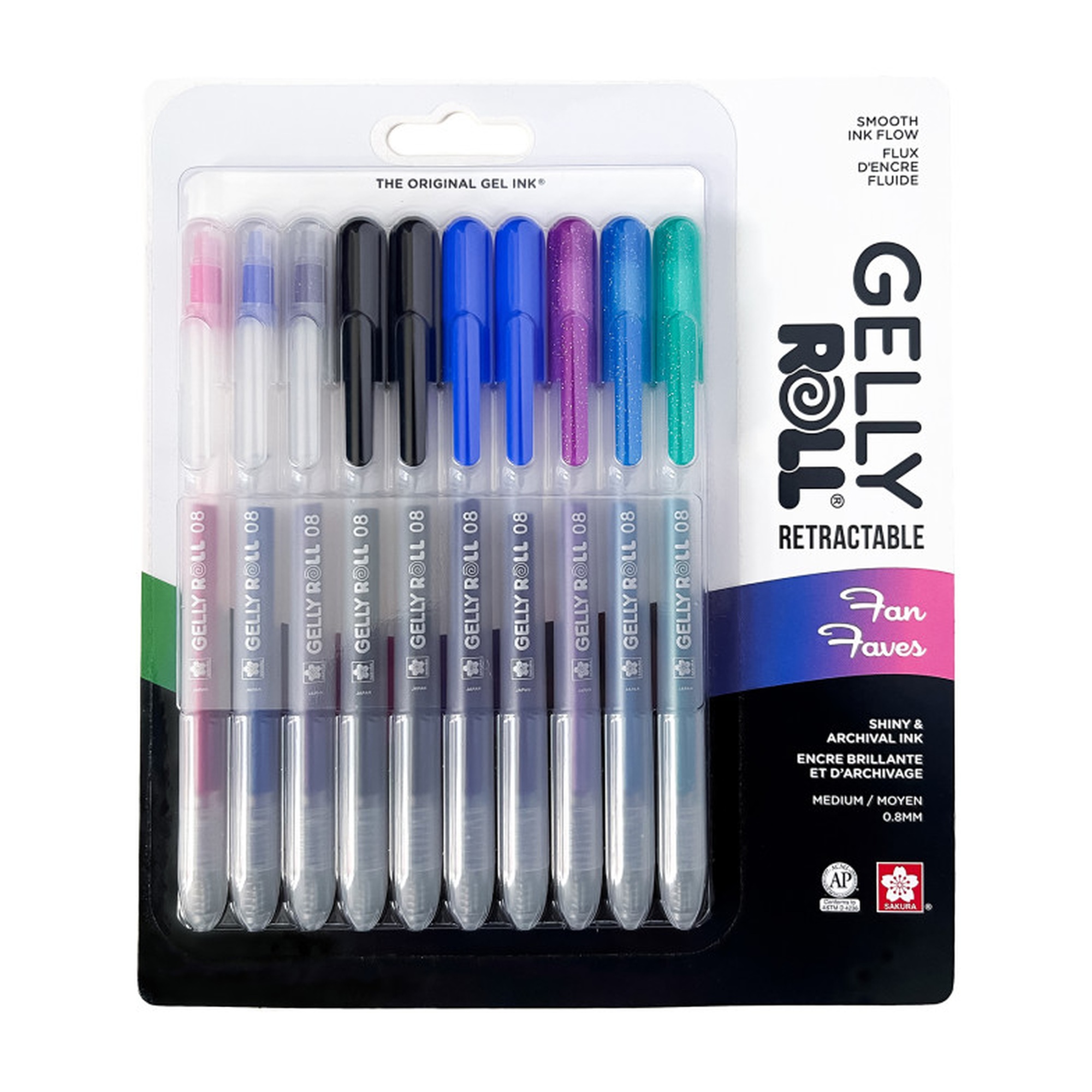 Retractable Fan Faves Gel Pens, Assorted Colors, 10-Pack