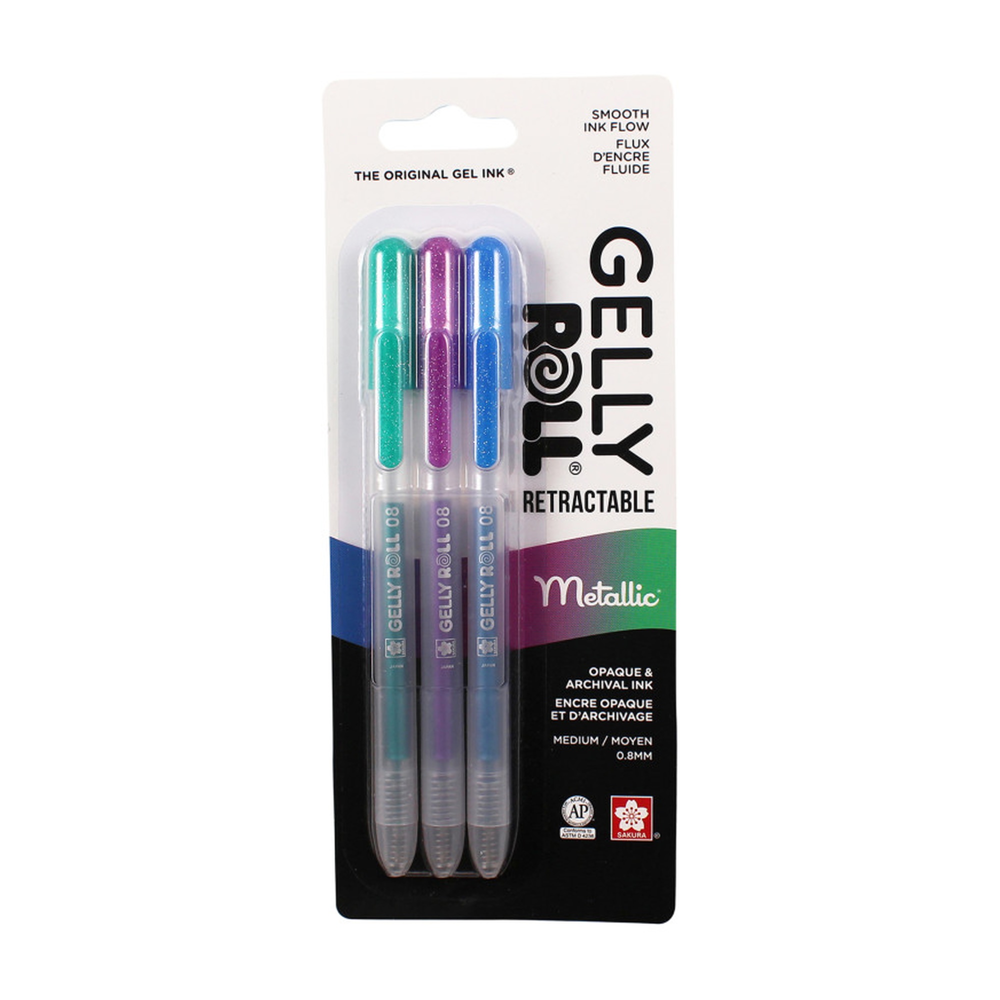 Retractable Metallic Gel Pens, Assorted Colors, 3-Pack