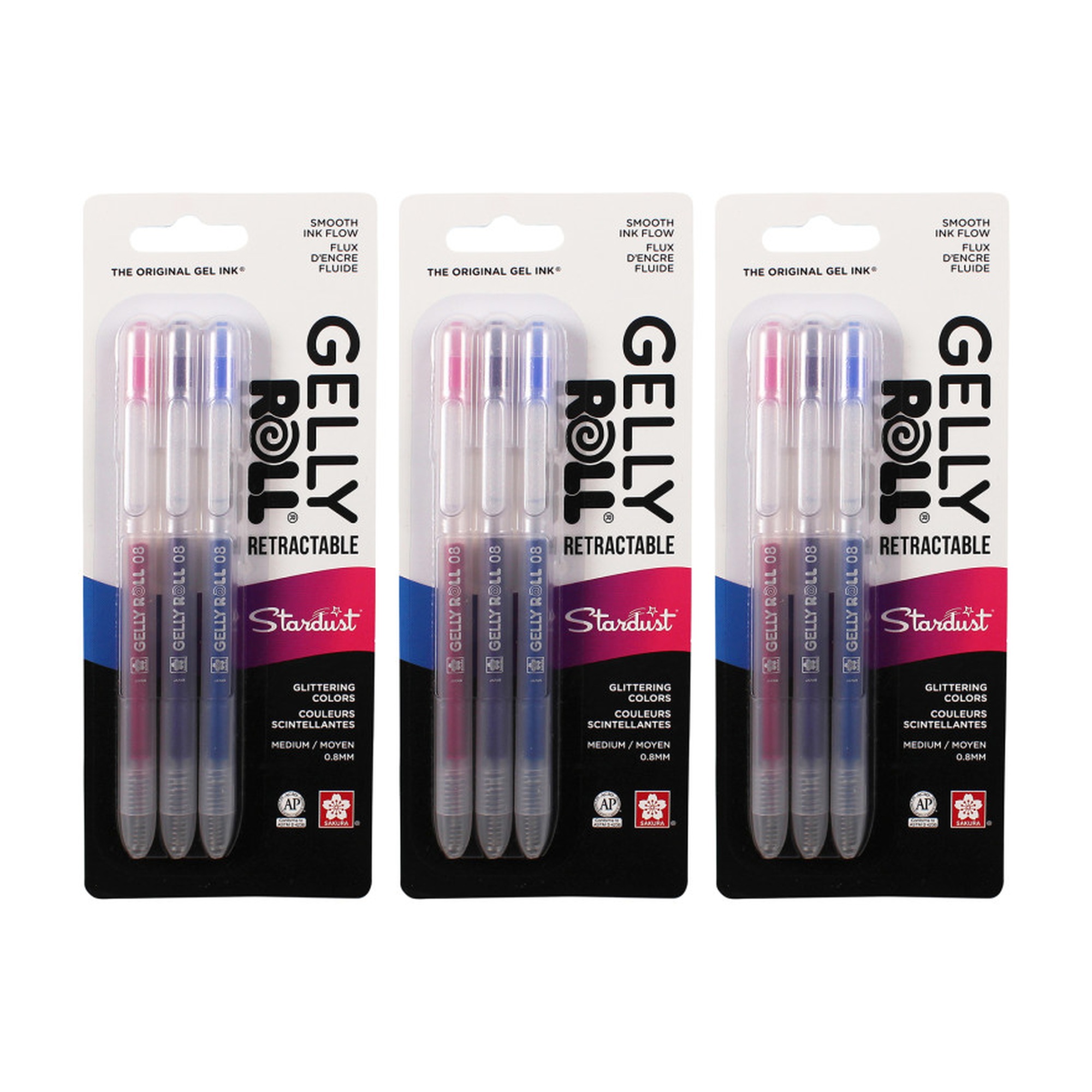 Retractable Stardust Gel Pens, Medium Point, Assorted Colors, 9-Pack