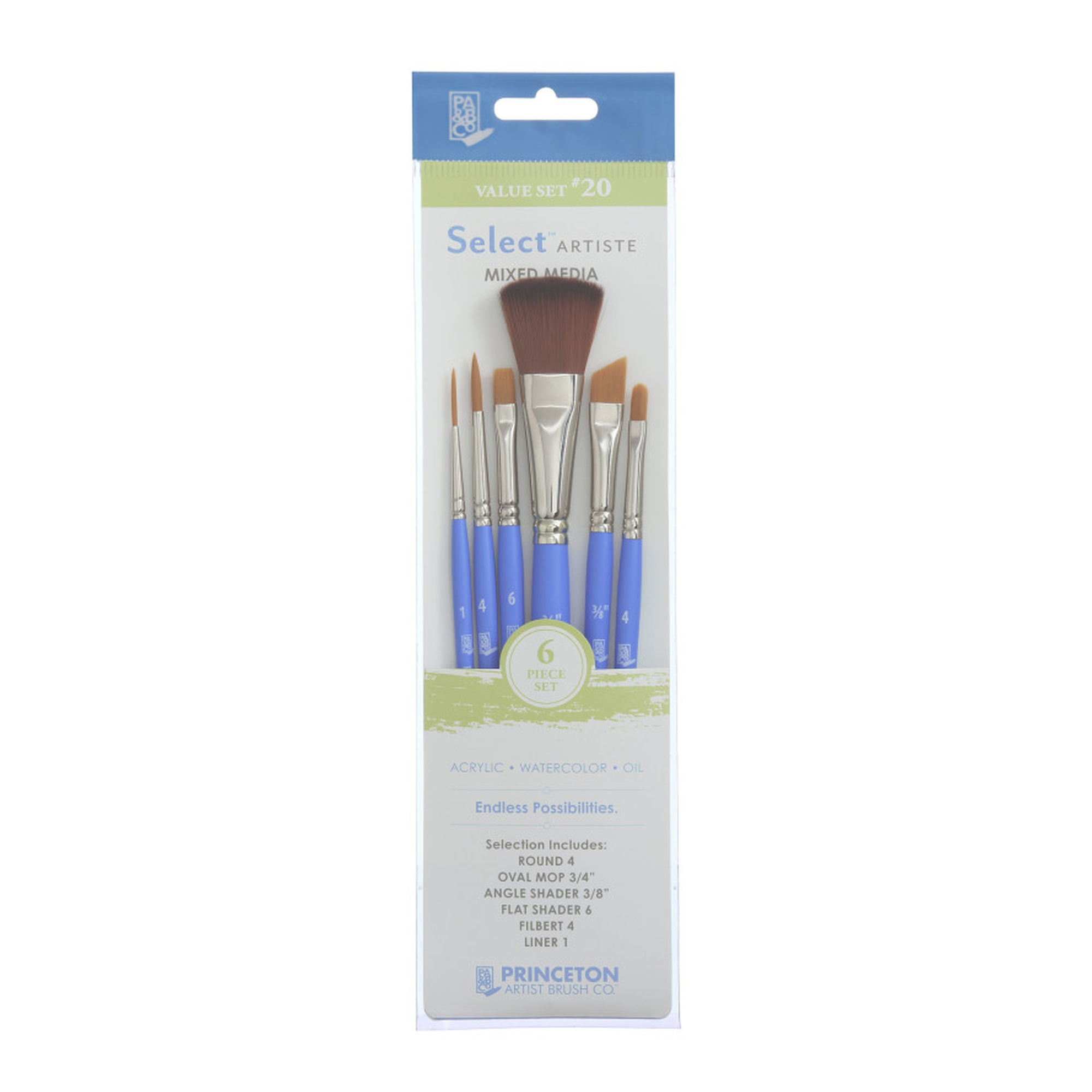 Select Artiste No. 20 Synthetic Short-Handle Mixed Media Brush Set, 6 Pieces