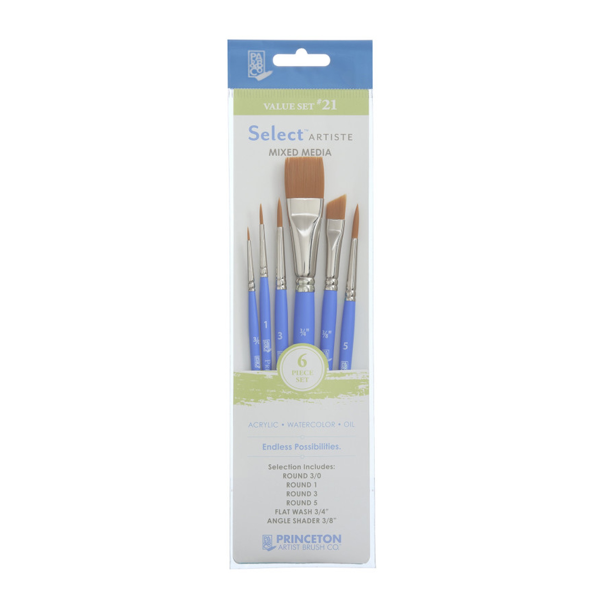Select Artiste No. 21 Synthetic Mixed Media Brush Set, 6 Pieces, Jewel Blue