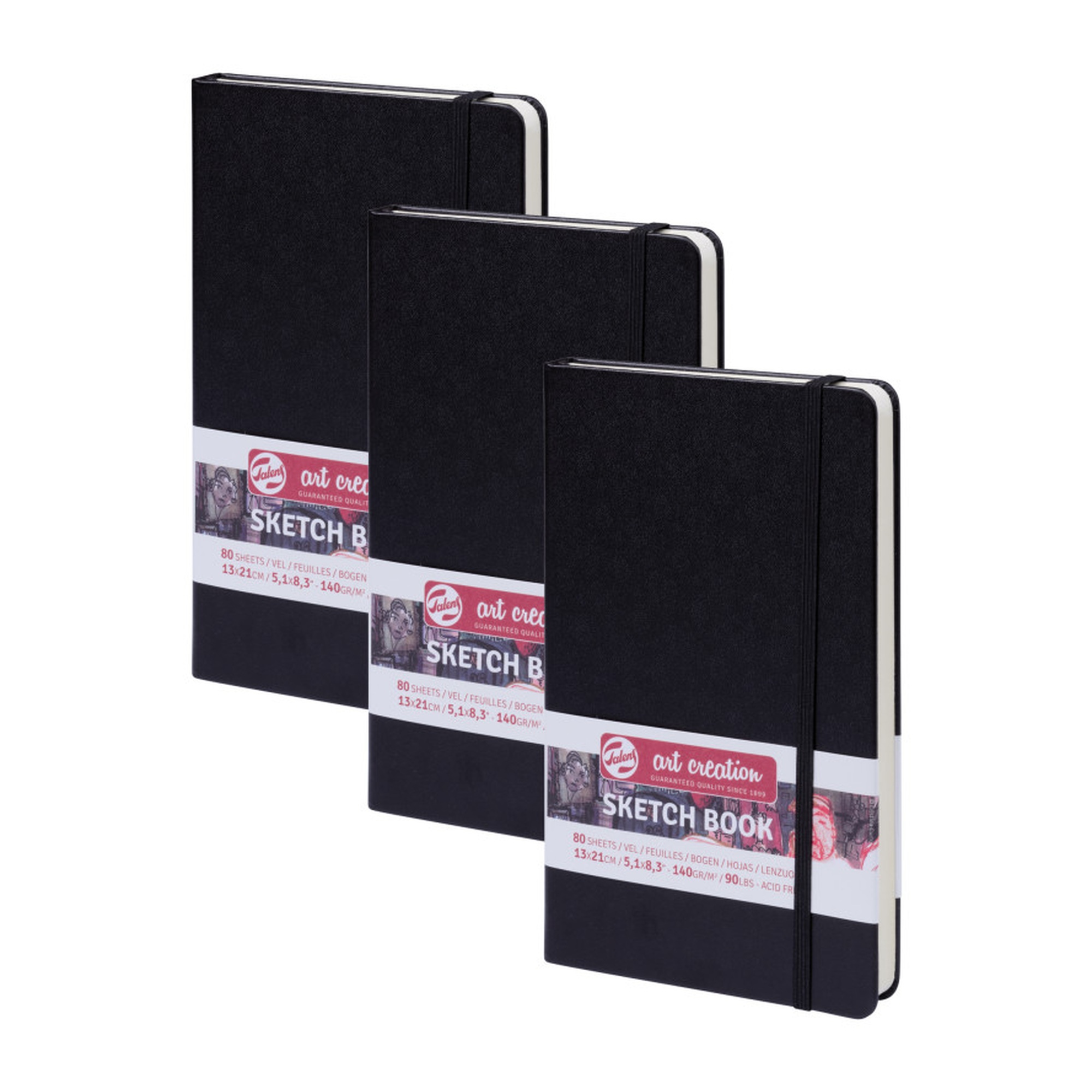 Hardbound Sketchbooks, Black Cover, 5.1 x 8.3 in., 80 Sheets, Pack of 3