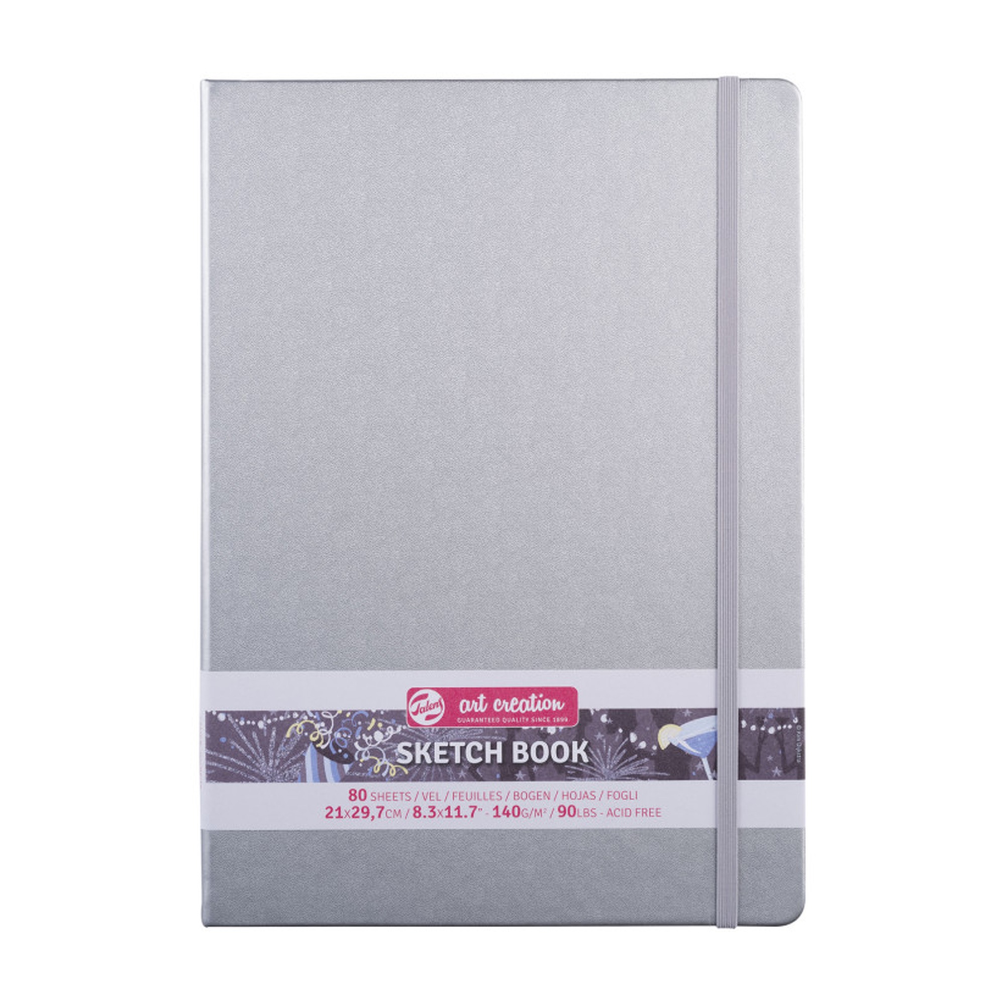 A4 Hardbound Sketchbook, 80 Sheets, Shiny Silver Cover