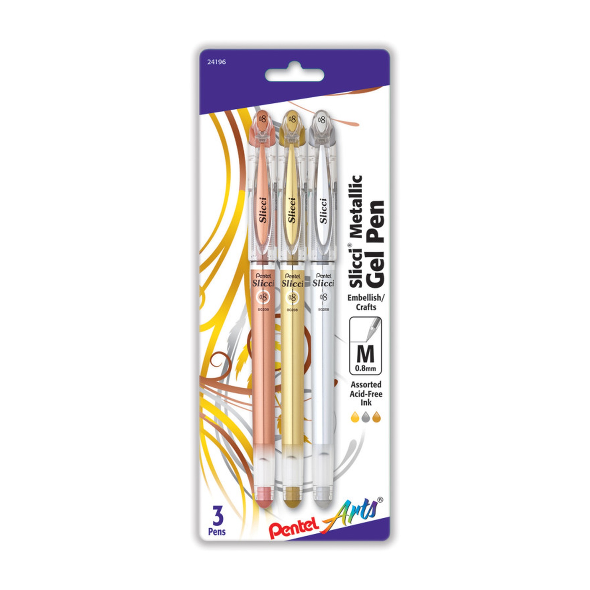 Metallic Gel Pens, 0.8 mm Needle Tip, Assorted Colors, 3-Pack