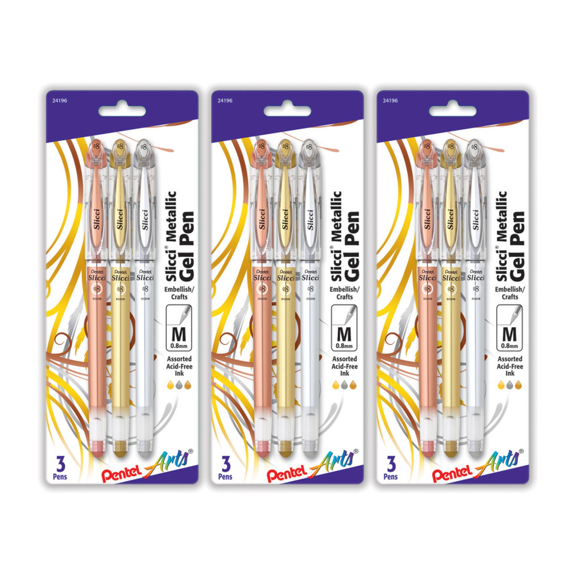 Metallic Gel Pens, 0.8 mm Needle Tip, Bronze, Gold and Silver, 9-Pack