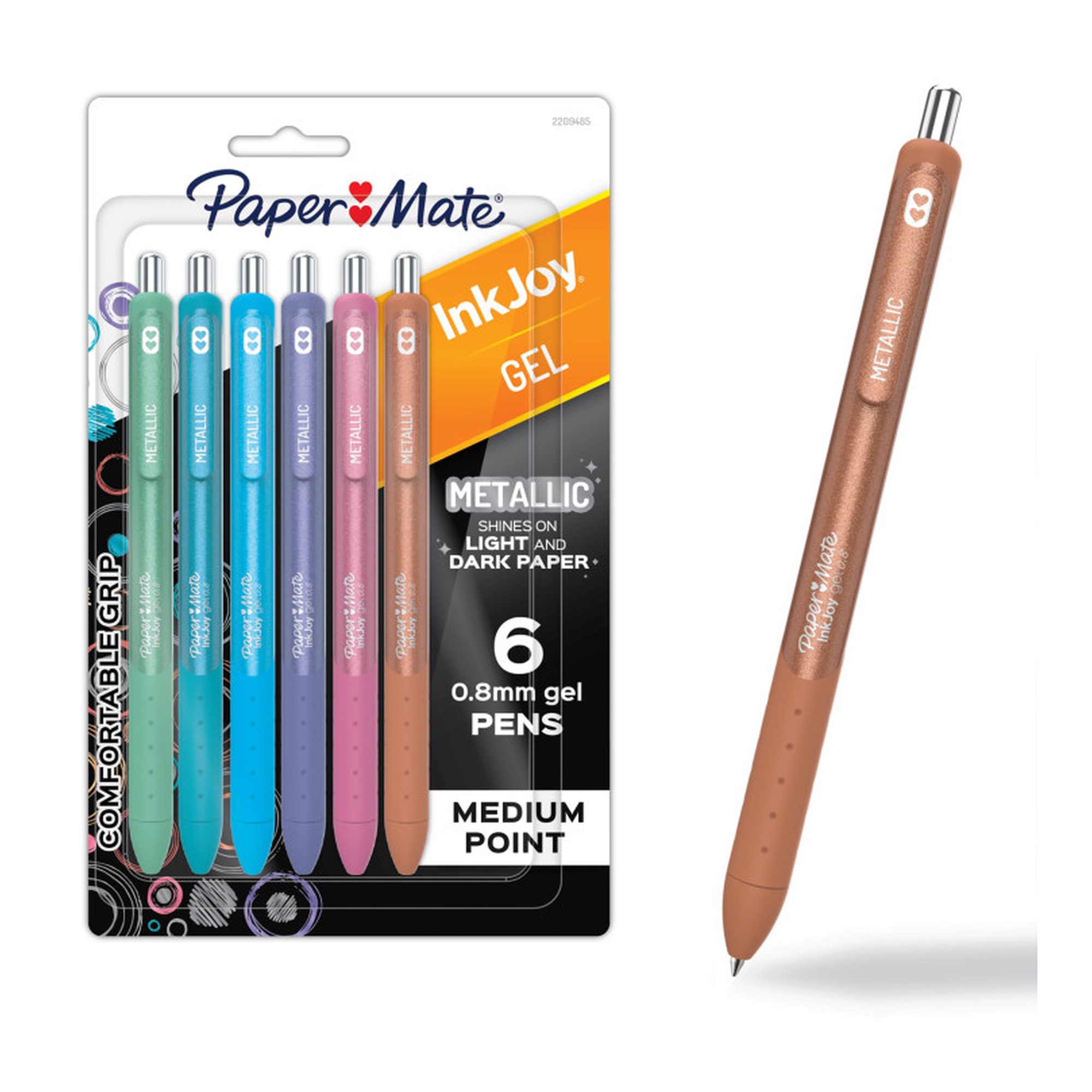 Metallic Gel Pens with Comfort Grips, Assorted Colors, 6-Pack