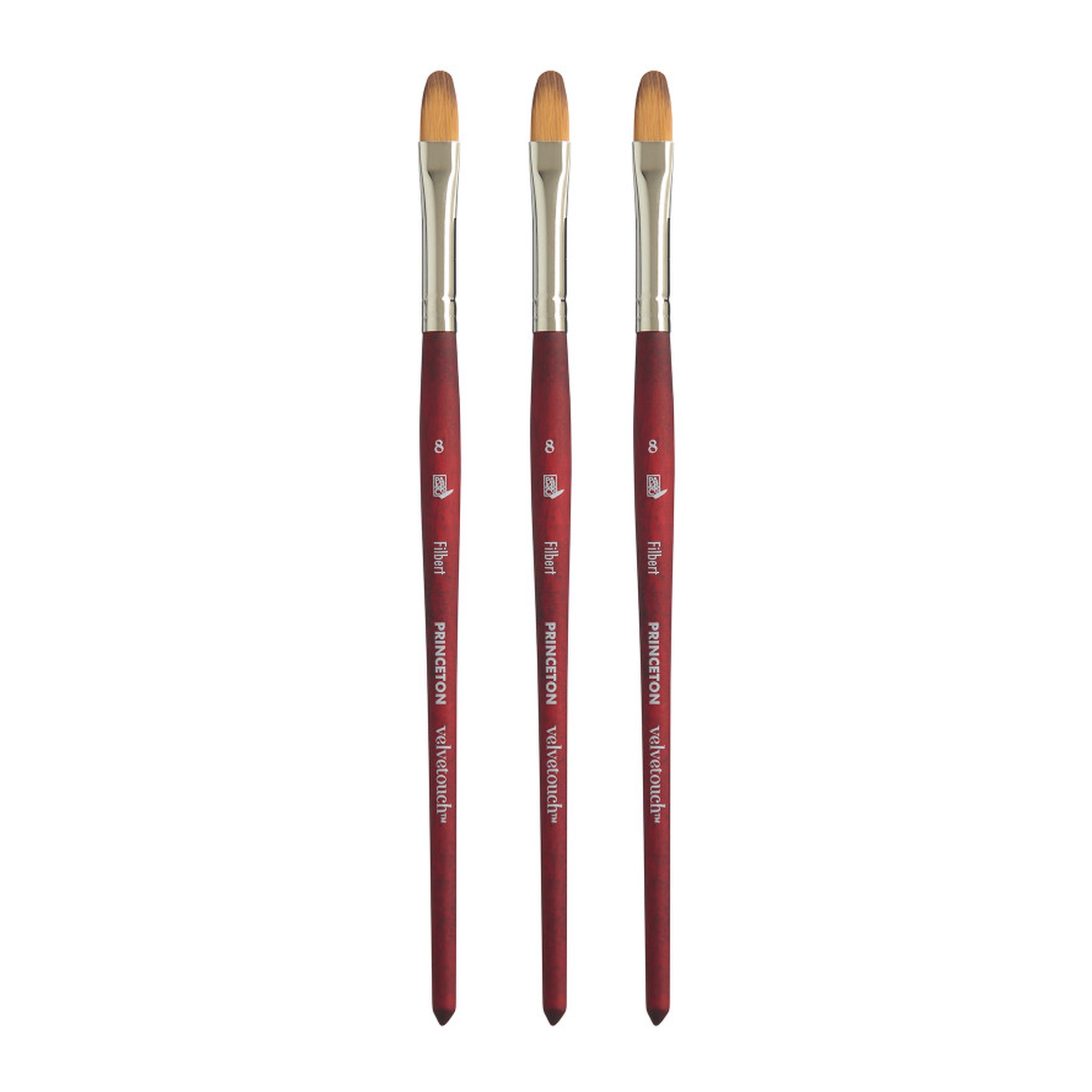 Synthetic Filbert Paint Brushes, Short Handle, Scarlet, Size 8, 3-Pack