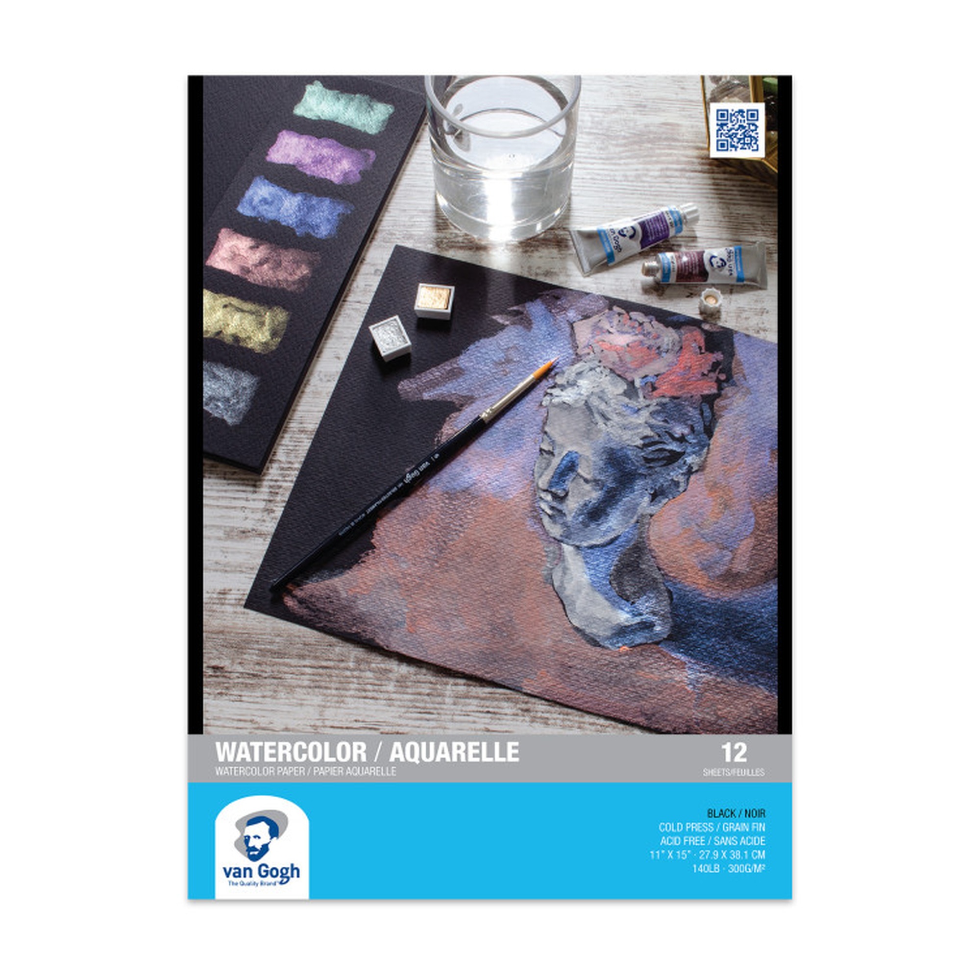 Black Cold Press Watercolor Paper Pad, 11 x 15, 12 Sheets