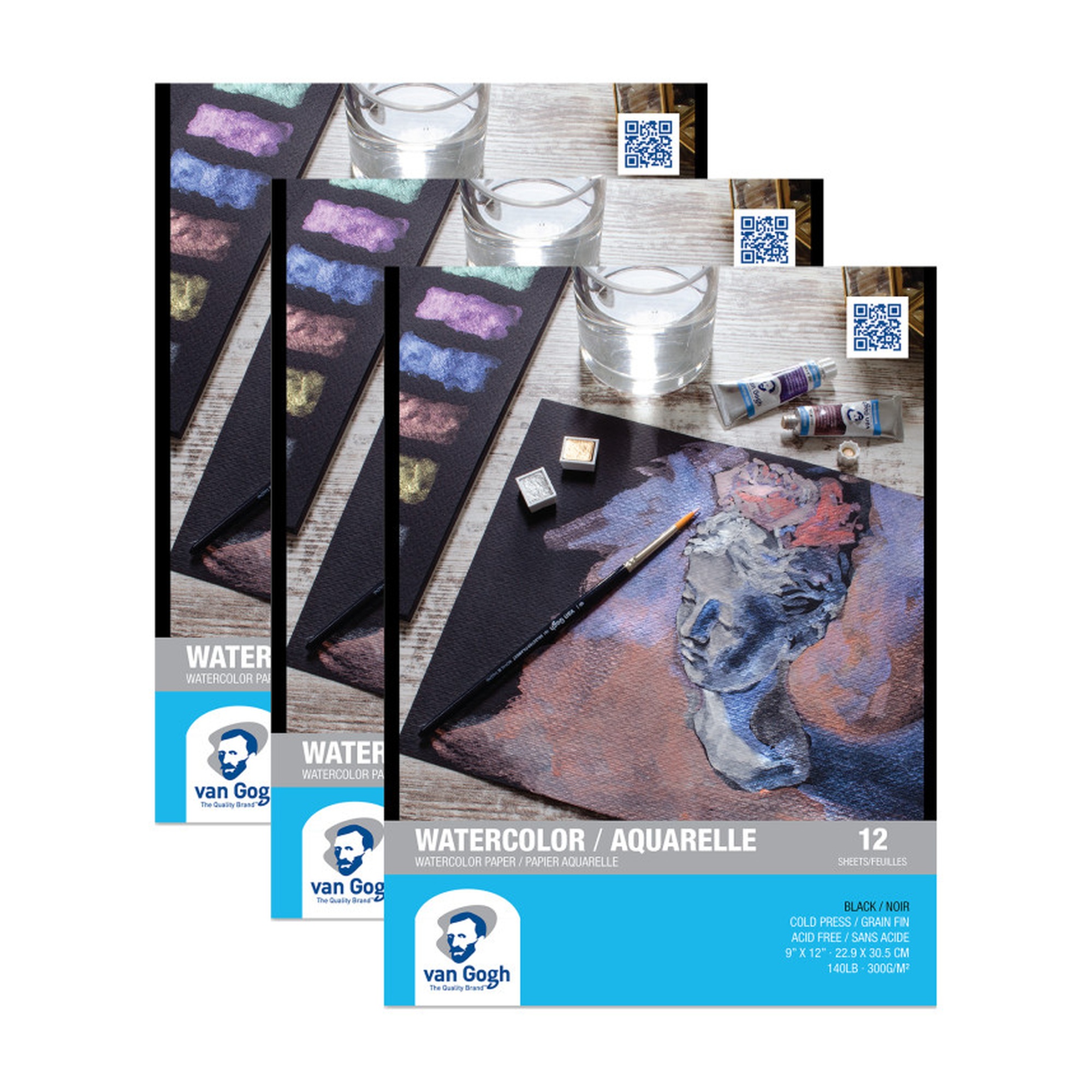 Black Cold Press Watercolor Paper Pads, 9 x 12 in., 12 Sheets, 3-Pack