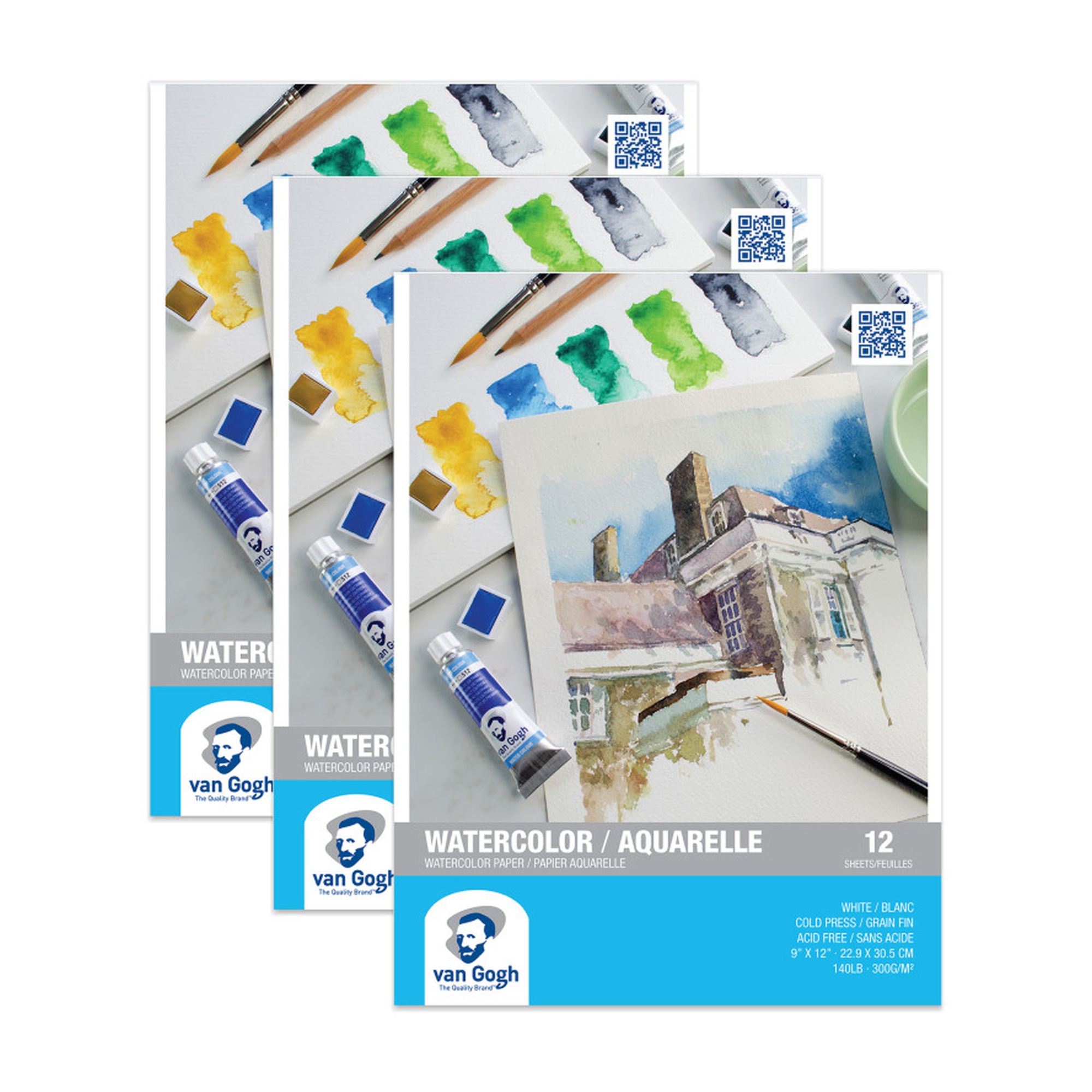 Cold Press Watercolor Paper Pad, 9 x 12 in., 12 Sheets, Pack of 3